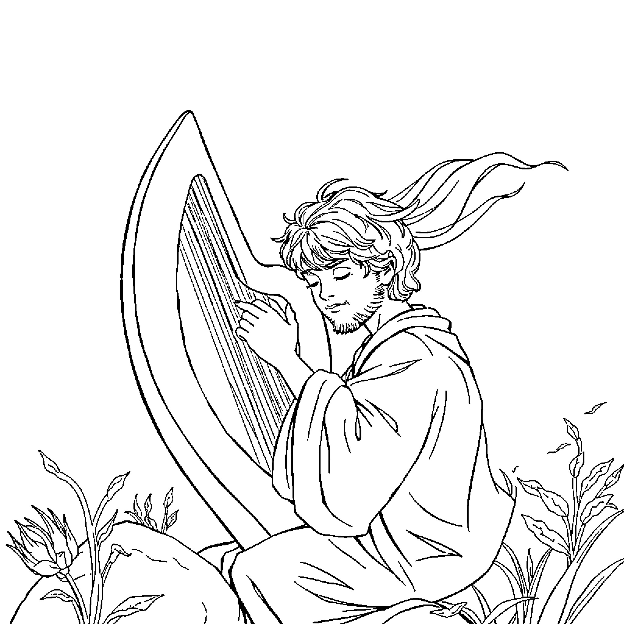 David playing the harp in a serene setting Coloring Page (free black-and-white line drawing printable PDF for all, from beginners to advanced learners, including children, teens, adults, and seniors)