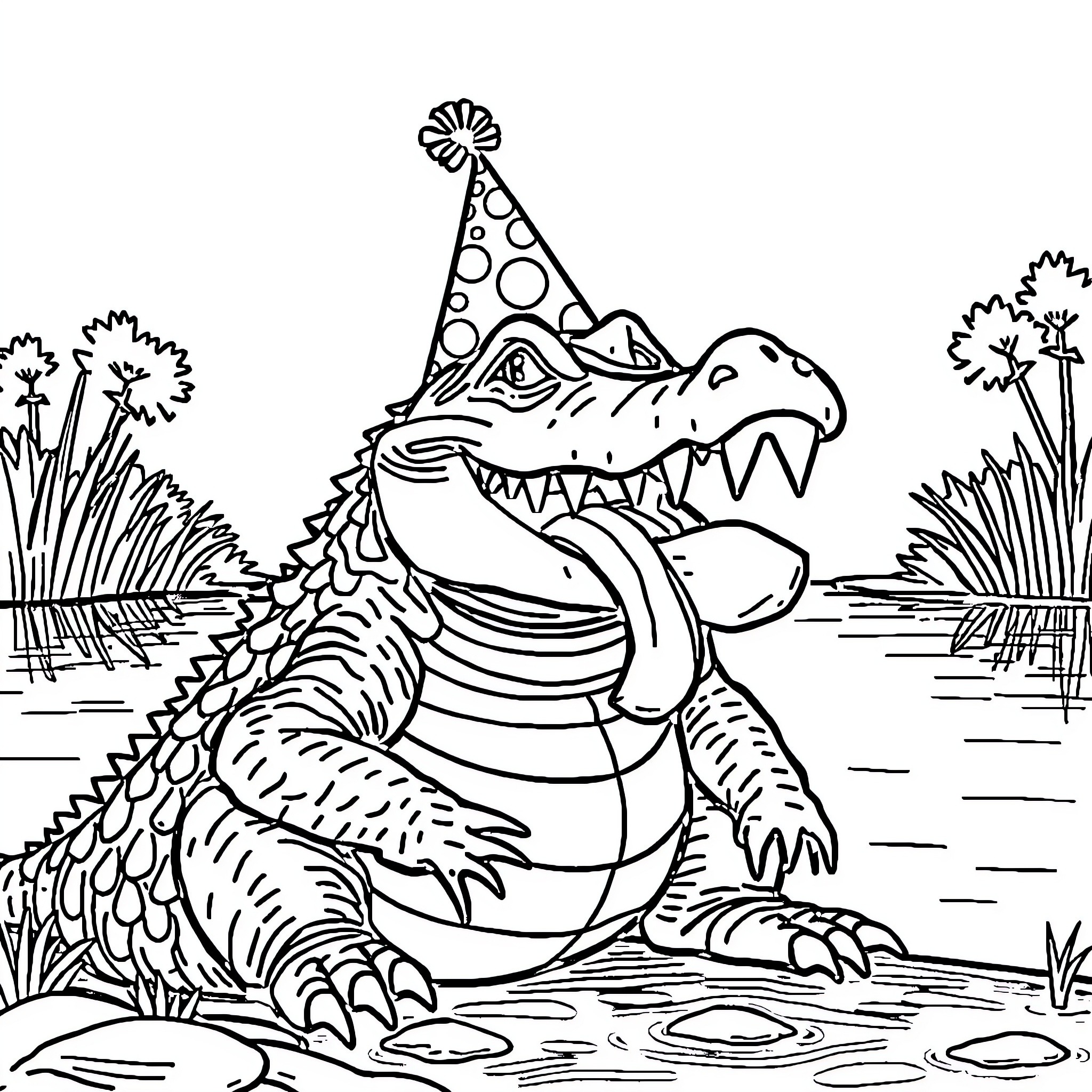 Alligator in a Festive Mood by the Pond Coloring Page (free black-and-white line drawing printable PDF for all, from beginners to advanced learners, including children, teens, adults, and seniors)