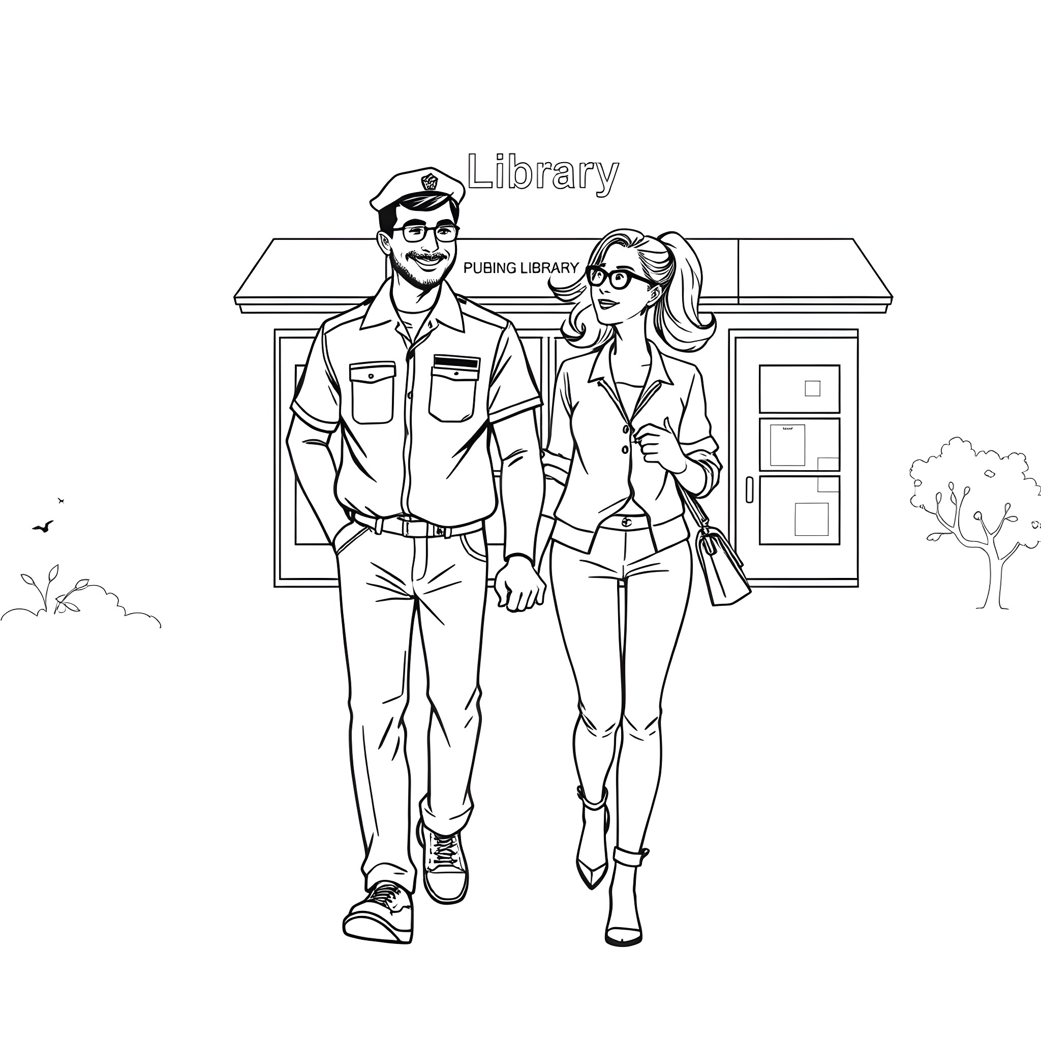 Husband and Wife Visit the Public Library Coloring Page (free black-and-white line drawing printable PDF for all, from beginners to advanced learners, including children, teens, adults, and seniors)