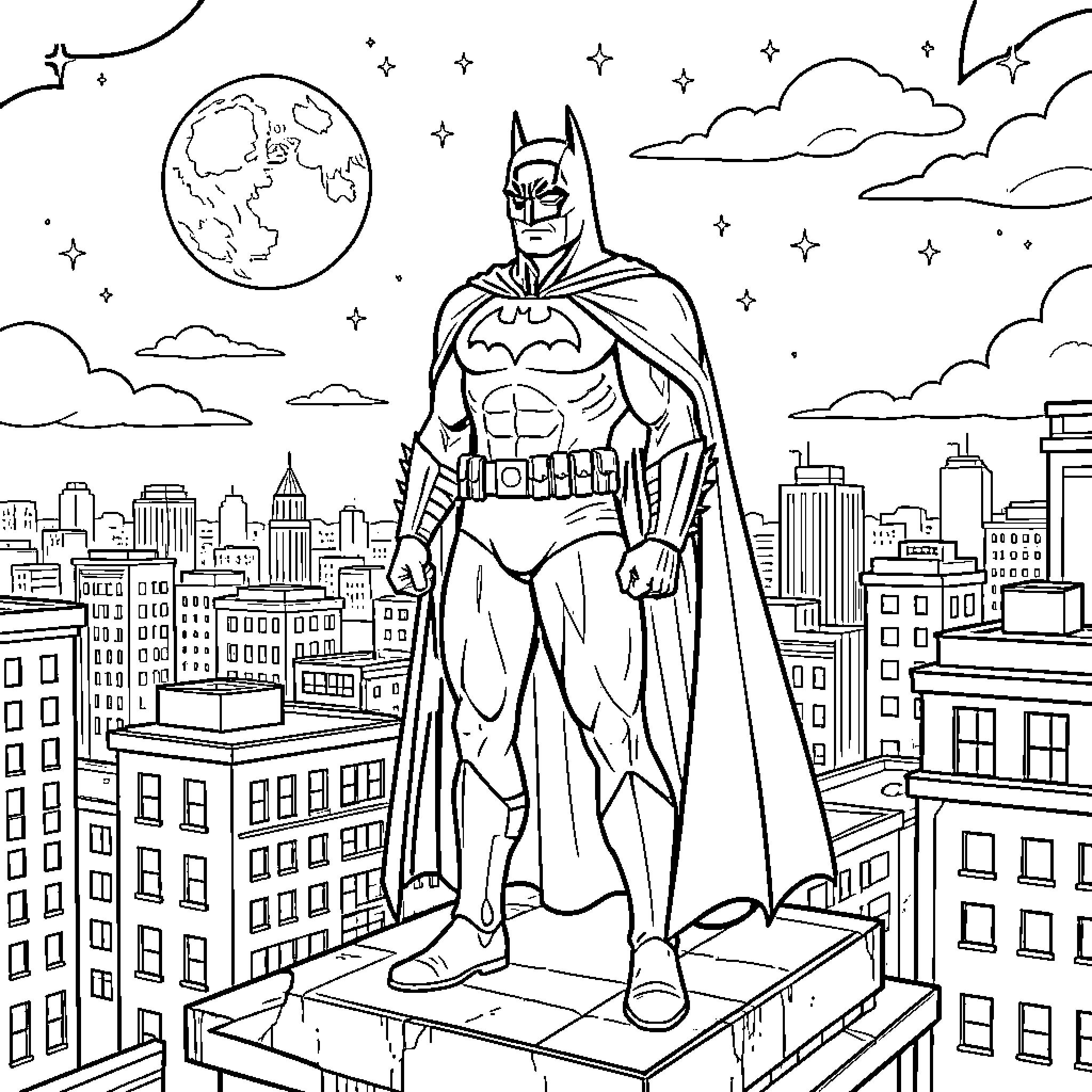 Batman Standing Tall Over the City Skyline Coloring Page (free black-and-white line drawing printable PDF for all, from beginners to advanced learners, including children, teens, adults, and seniors)
