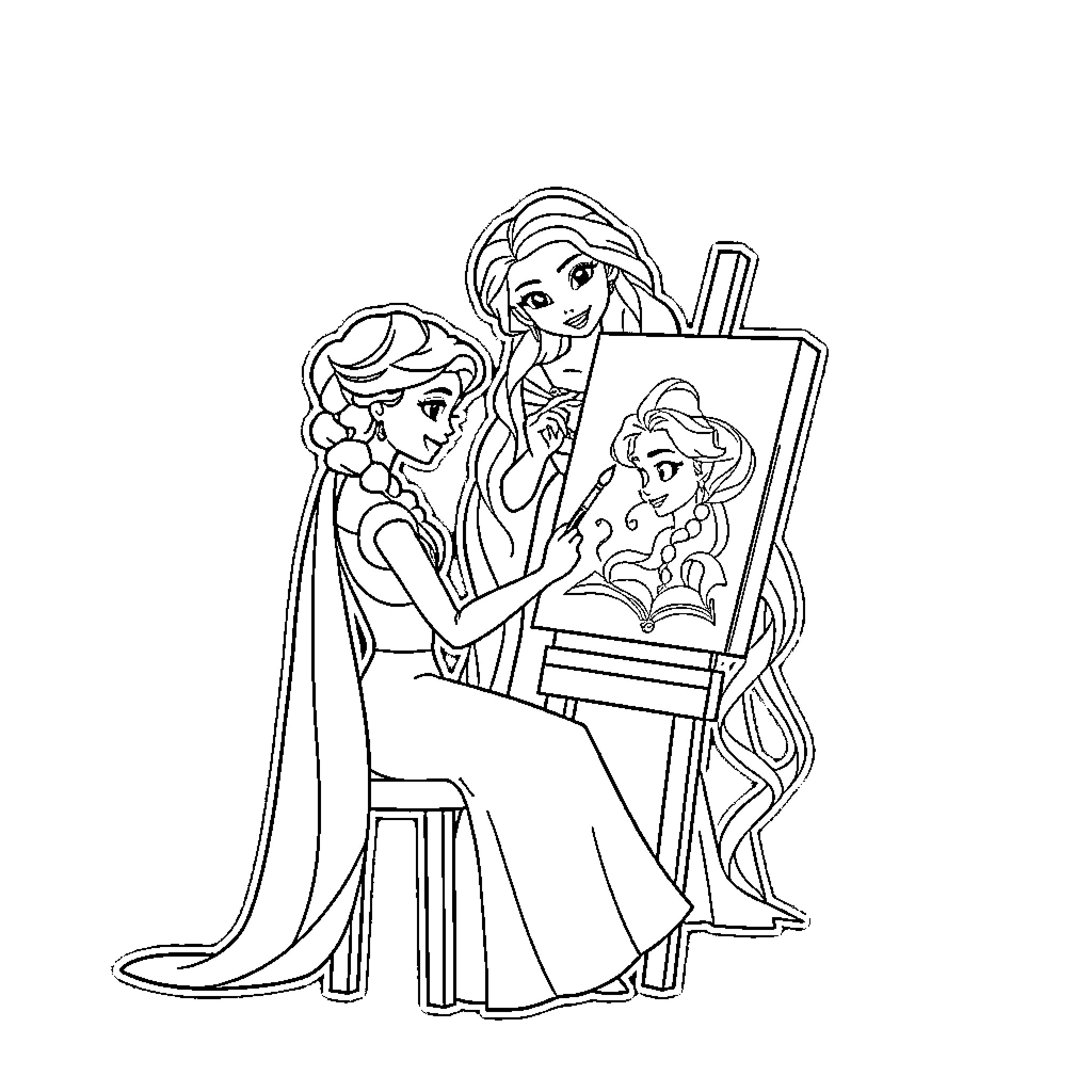 Elsa creating a painting with her sisters Coloring Page (free black-and-white line drawing printable PDF for all, from beginners to advanced learners, including children, teens, adults, and seniors)