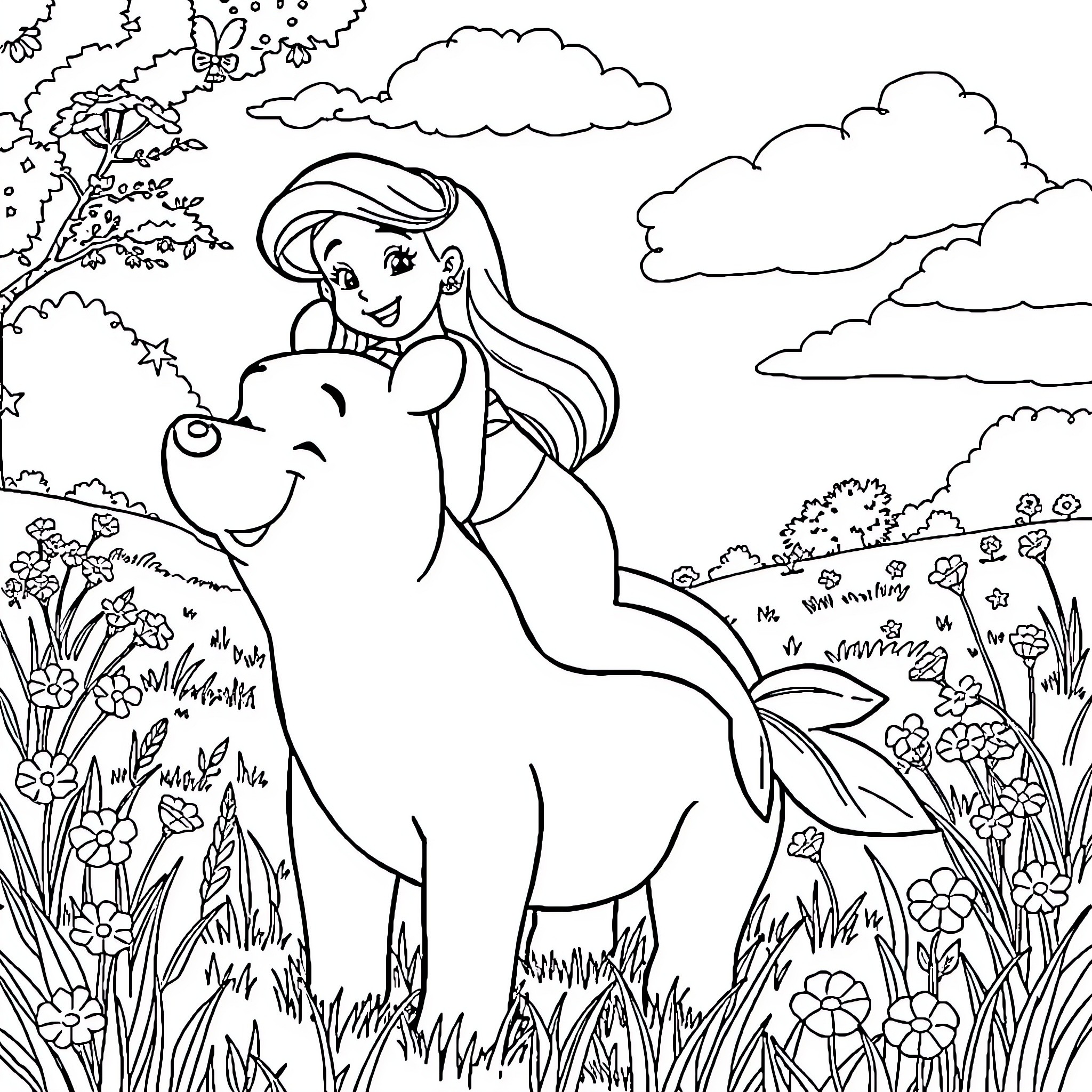 Ariel riding a friendly sea creature in a verdant landscape Coloring Page (free black-and-white line drawing printable PDF for all, from beginners to advanced learners, including children, teens, adults, and seniors)