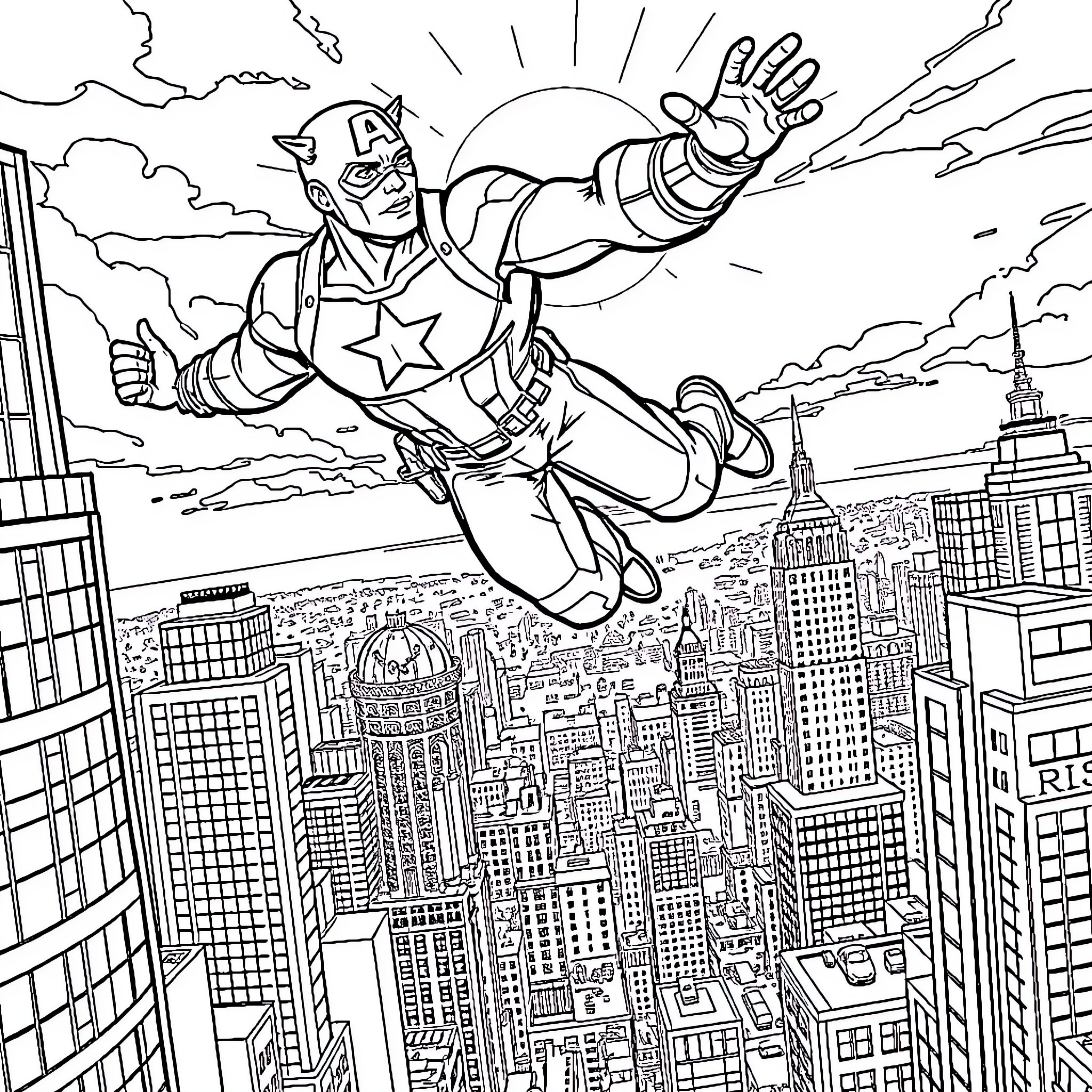 Captain America soaring heroically over a bustling city skyline Coloring Page (free black-and-white line drawing printable PDF for all, from beginners to advanced learners, including children, teens, adults, and seniors)
