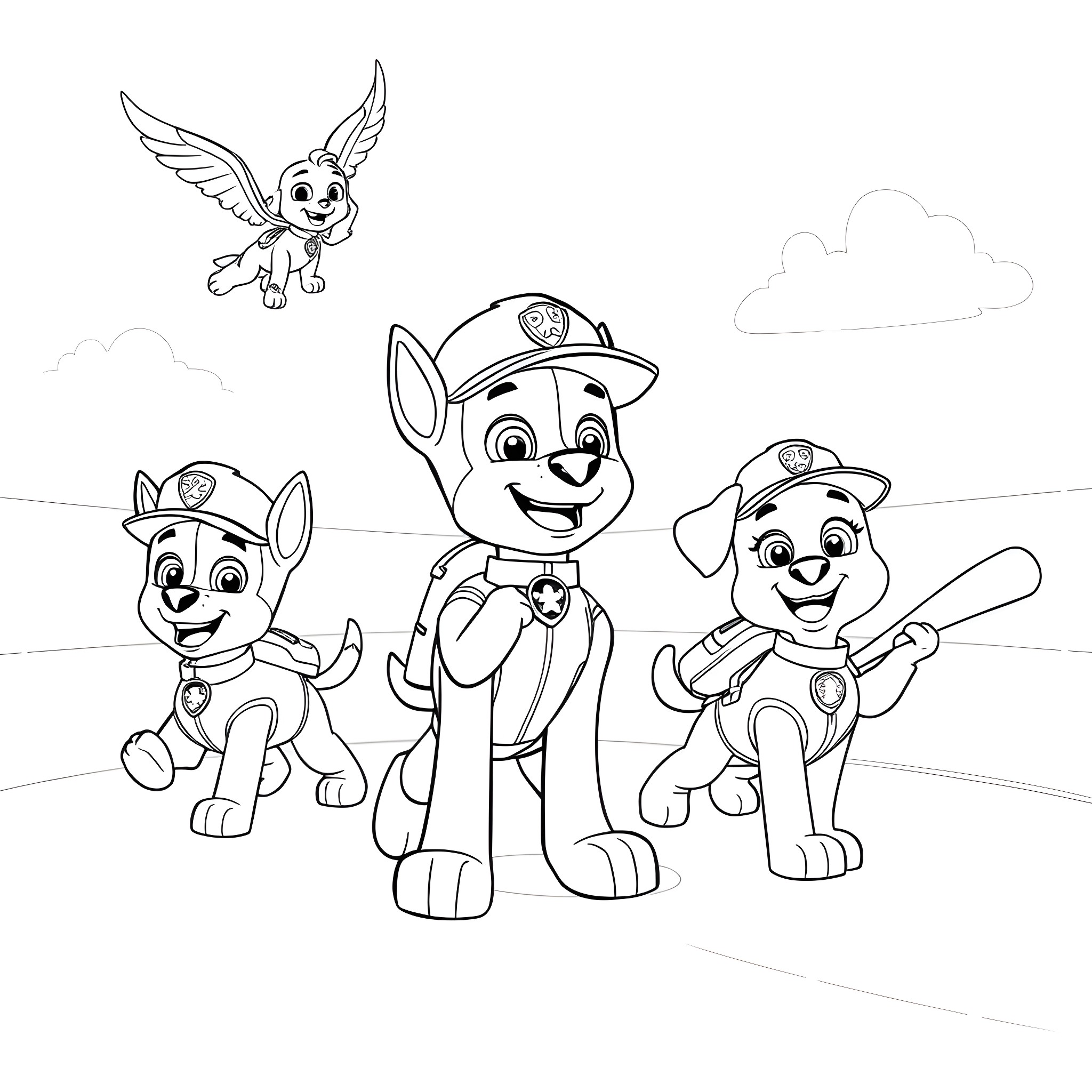 Paw Patrol heroes on an adventure Coloring Page (free black-and-white line drawing printable PDF for all, from beginners to advanced learners, including children, teens, adults, and seniors)