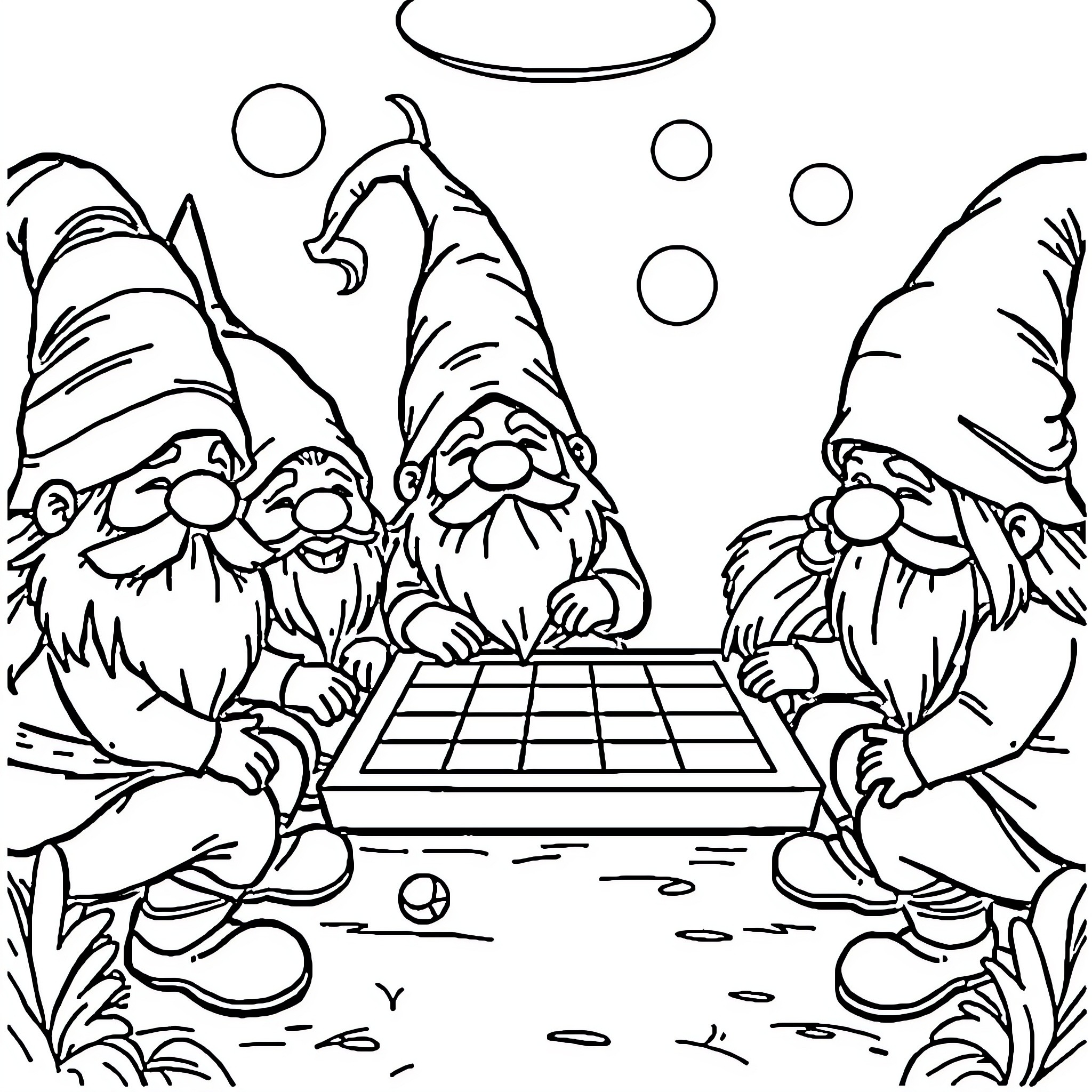 Gnome friends playing checkers in the garden Coloring Page (free black-and-white line drawing printable PDF for all, from beginners to advanced learners, including children, teens, adults, and seniors)