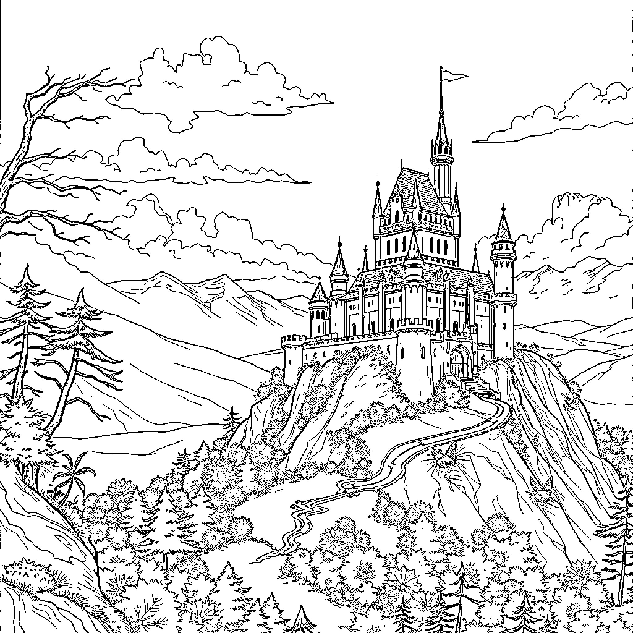 Castle on a Majestic Hilltop Surrounded by Nature Coloring Page (free black-and-white line drawing printable PDF for all, from beginners to advanced learners, including children, teens, adults, and seniors)