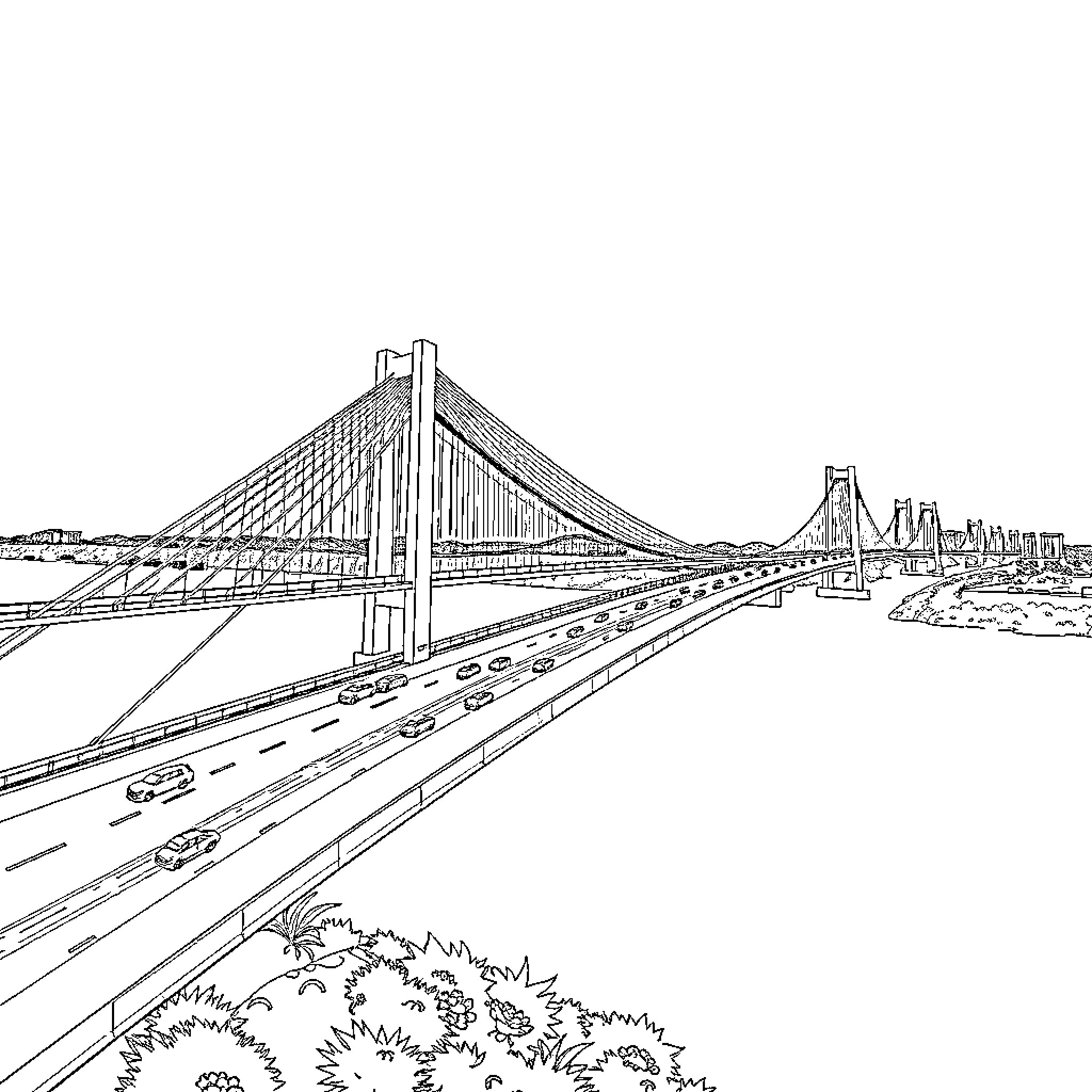Bridge over busy city highway landscape Coloring Page (free black-and-white line drawing printable PDF for all, from beginners to advanced learners, including children, teens, adults, and seniors)