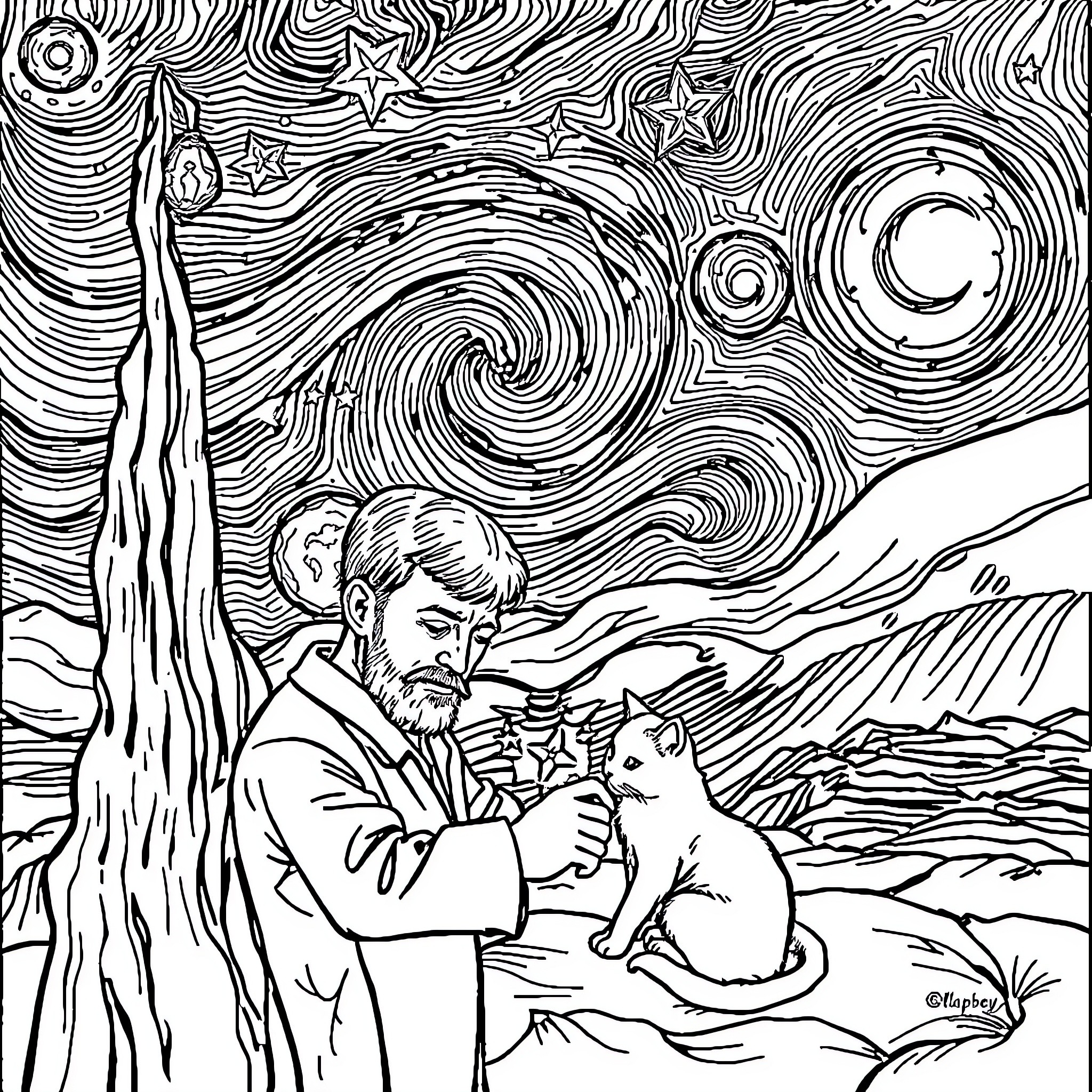 Vincent van Gogh's Starry Night with Man and Cat Coloring Page (free black-and-white line drawing printable PDF for all, from beginners to advanced learners, including children, teens, adults, and seniors)