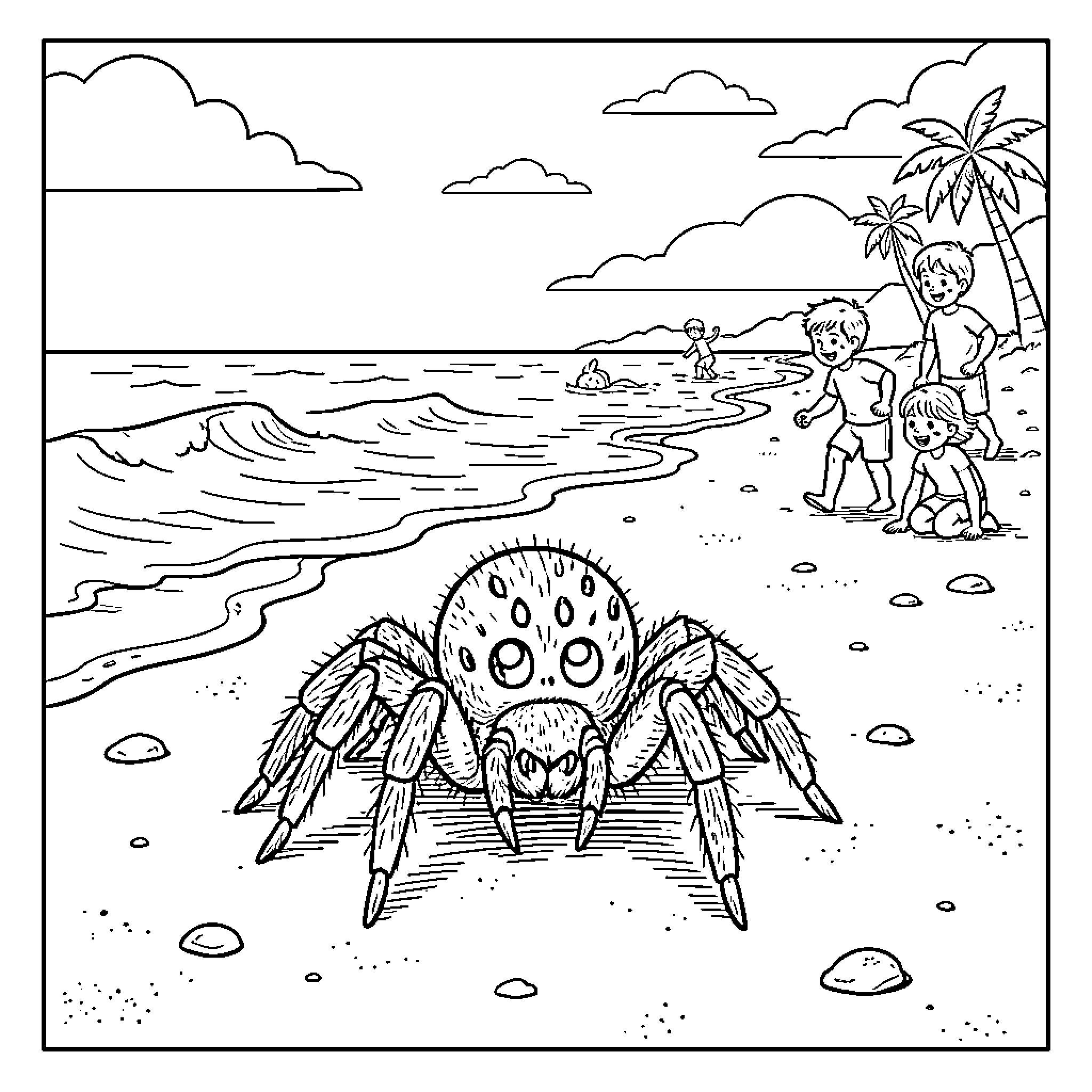 Spider crawling on the beach near children playing Coloring Page (free black-and-white line drawing printable PDF for all, from beginners to advanced learners, including children, teens, adults, and seniors)