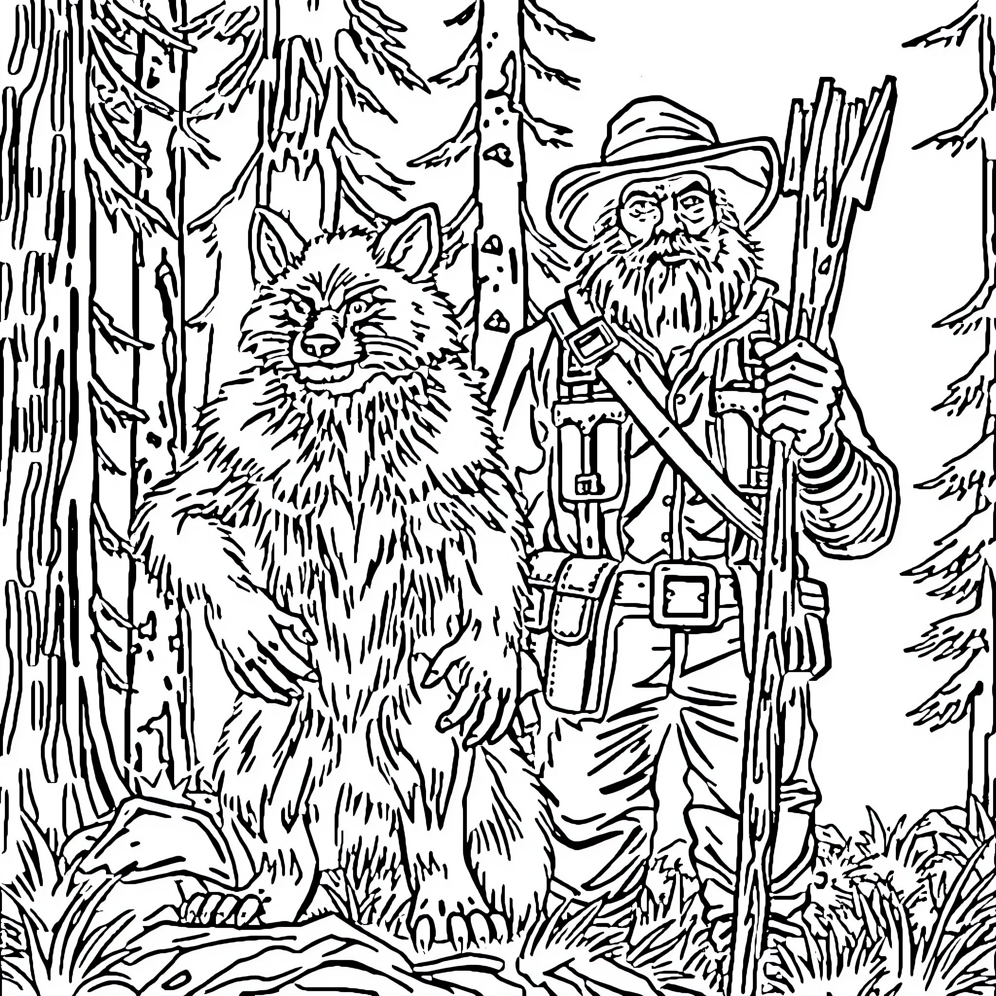 Wolverine and Grizzly Bear Encounter in the Wilderness Coloring Page (free black-and-white line drawing printable PDF for all, from beginners to advanced learners, including children, teens, adults, and seniors)