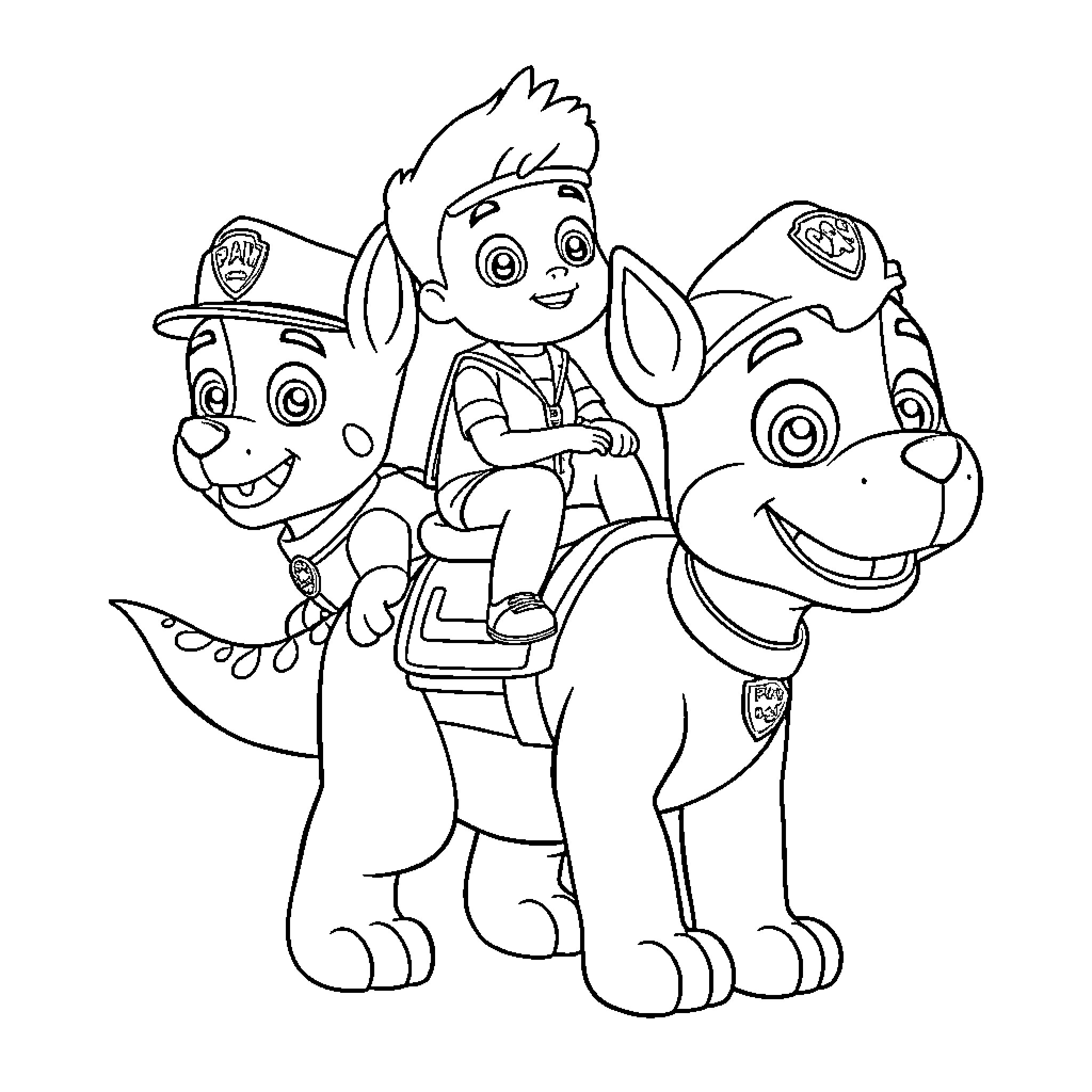 Paw Patrol members in action poses Coloring Page (free black-and-white line drawing printable PDF for all, from beginners to advanced learners, including children, teens, adults, and seniors)