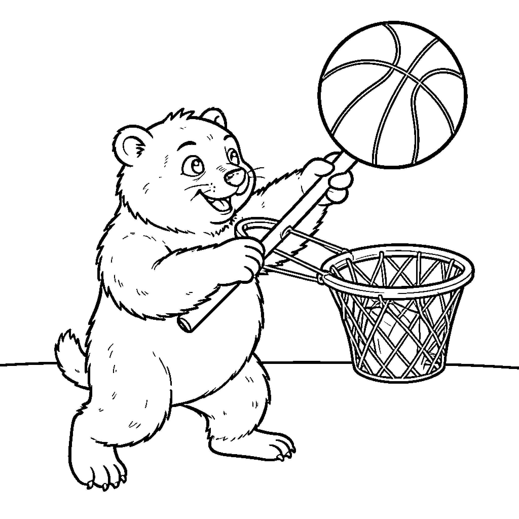 Sloth playing basketball and aiming for the hoop Coloring Page (free black-and-white line drawing printable PDF for all, from beginners to advanced learners, including children, teens, adults, and seniors)