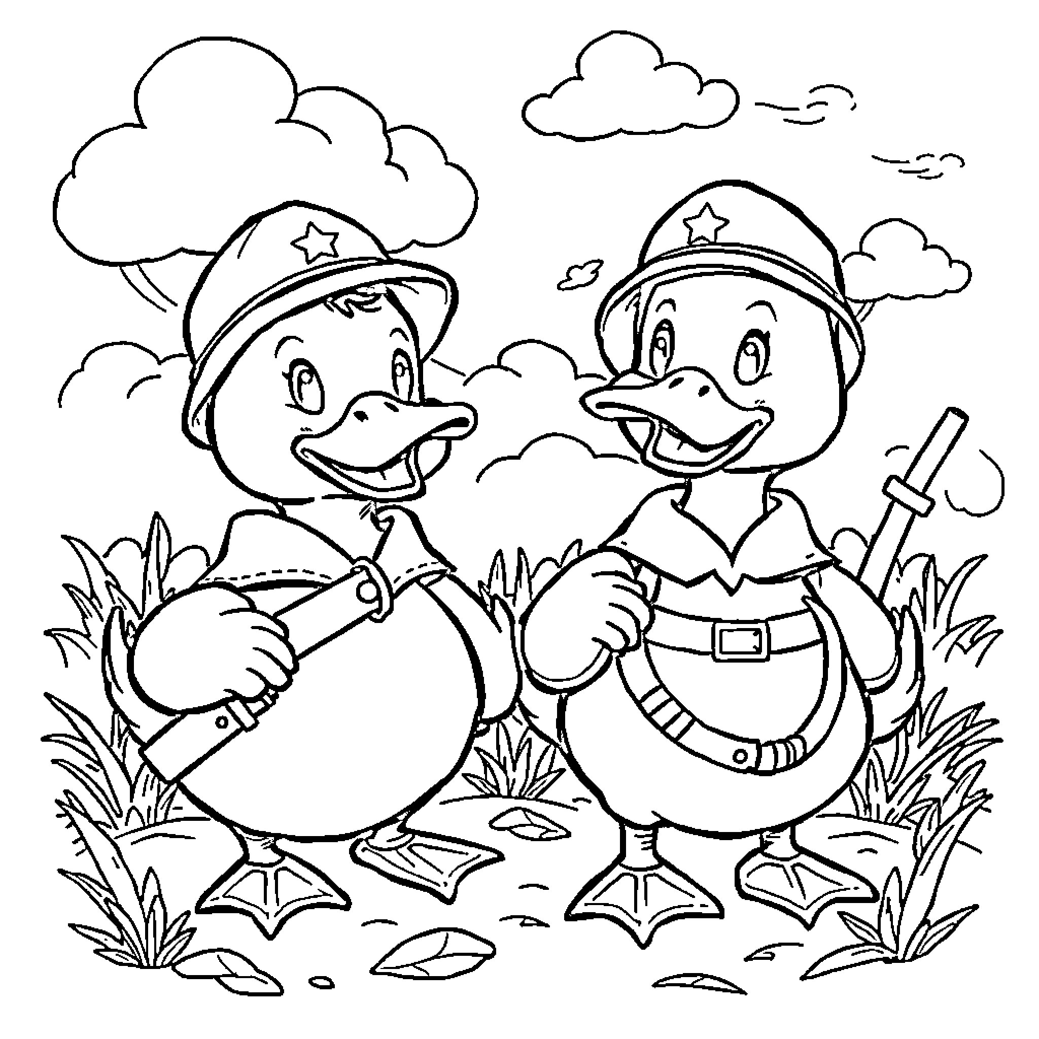Ducks Dressed as Cops in the Countryside Coloring Page (free black-and-white line drawing printable PDF for all, from beginners to advanced learners, including children, teens, adults, and seniors)