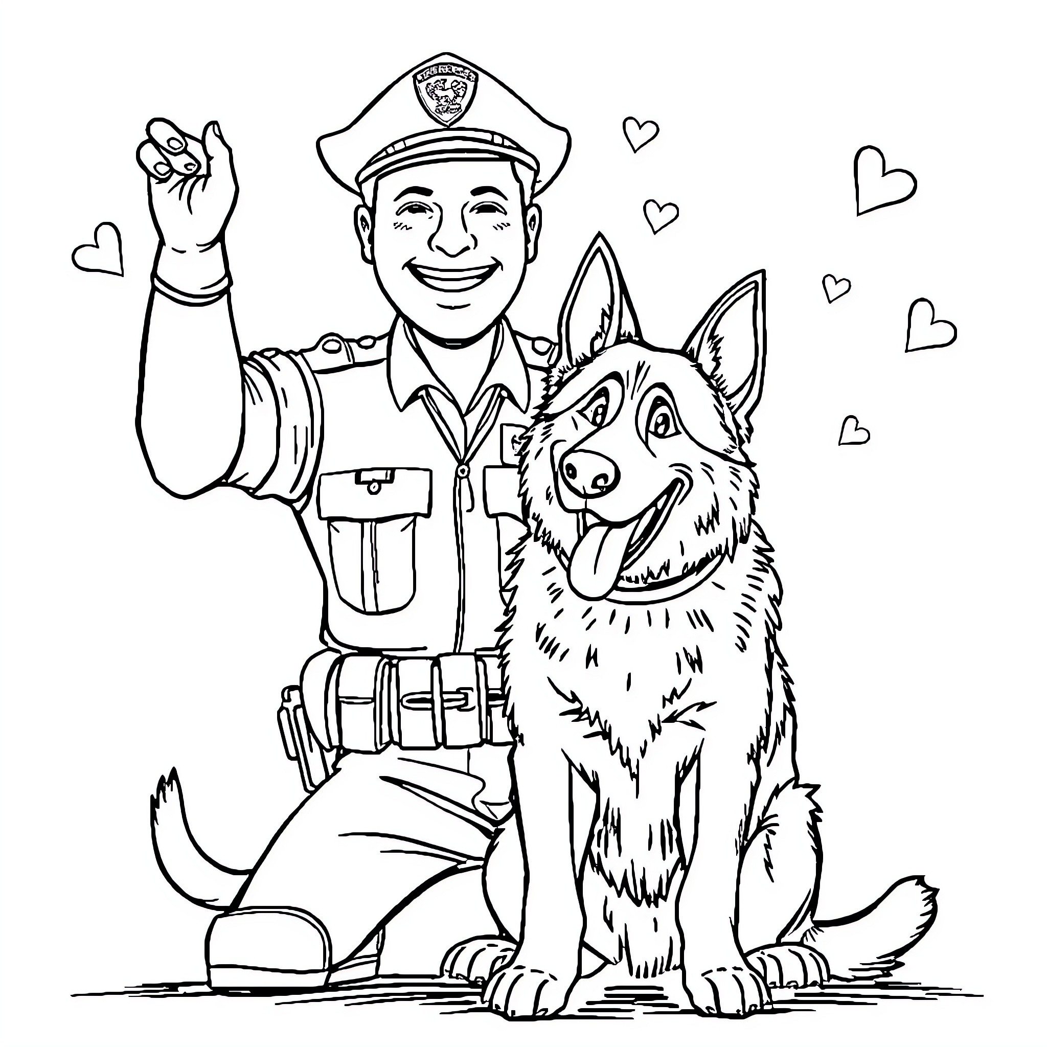 K9 Officer and Loyal Canine Partner Coloring Page (free black-and-white line drawing printable PDF for all, from beginners to advanced learners, including children, teens, adults, and seniors)
