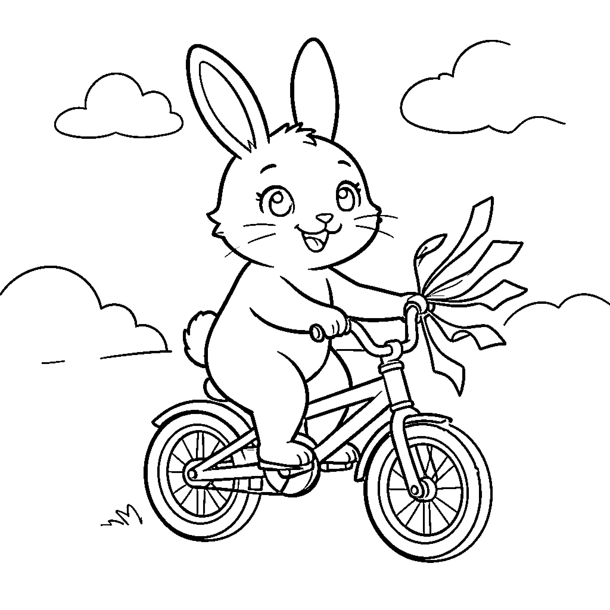 Rabbit riding a bicycle in the park Coloring Page (free black-and-white line drawing printable PDF for all, from beginners to advanced learners, including children, teens, adults, and seniors)