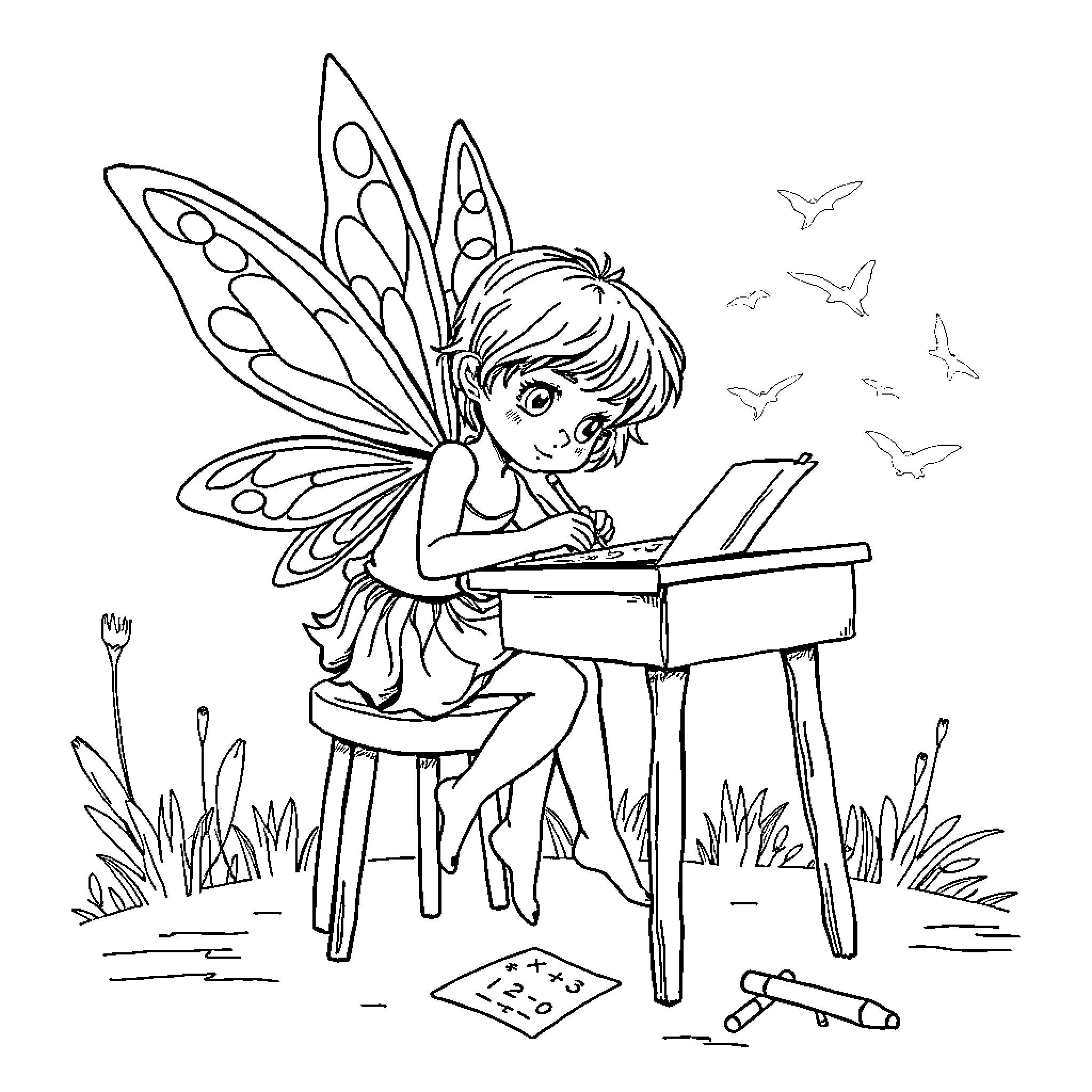 Fairy studying diligently at her desk in the meadow Coloring Page (free black-and-white line drawing printable PDF for all, from beginners to advanced learners, including children, teens, adults, and seniors)