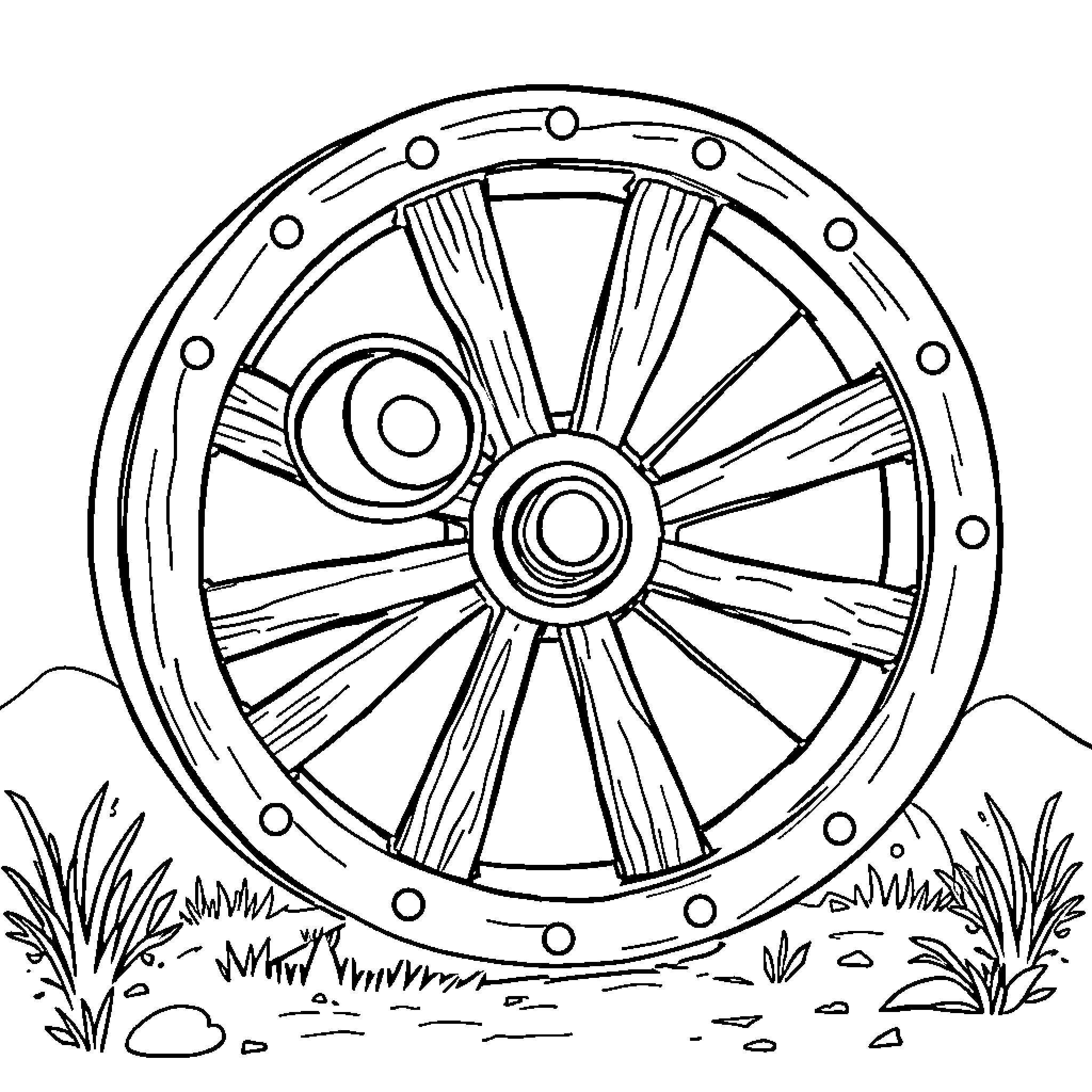Wheel of Vintage Wagon on the Meadow Coloring Page (free black-and-white line drawing printable PDF for all, from beginners to advanced learners, including children, teens, adults, and seniors)