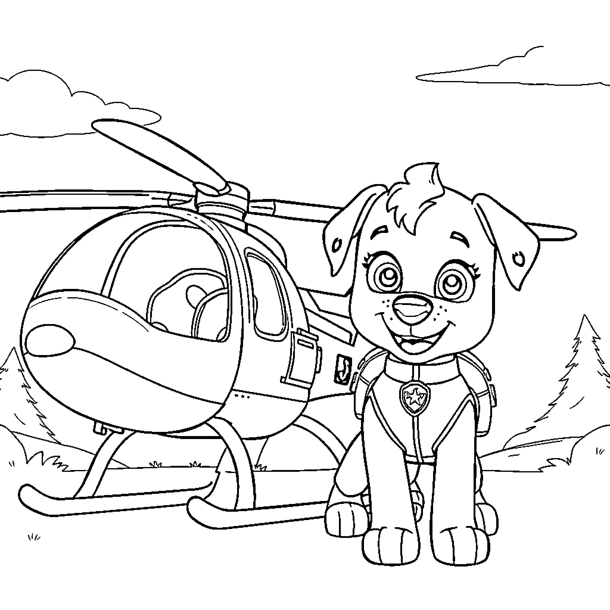 Paw Patrol Puppy and Helicopter Adventure Coloring Page (free black-and-white line drawing printable PDF for all, from beginners to advanced learners, including children, teens, adults, and seniors)