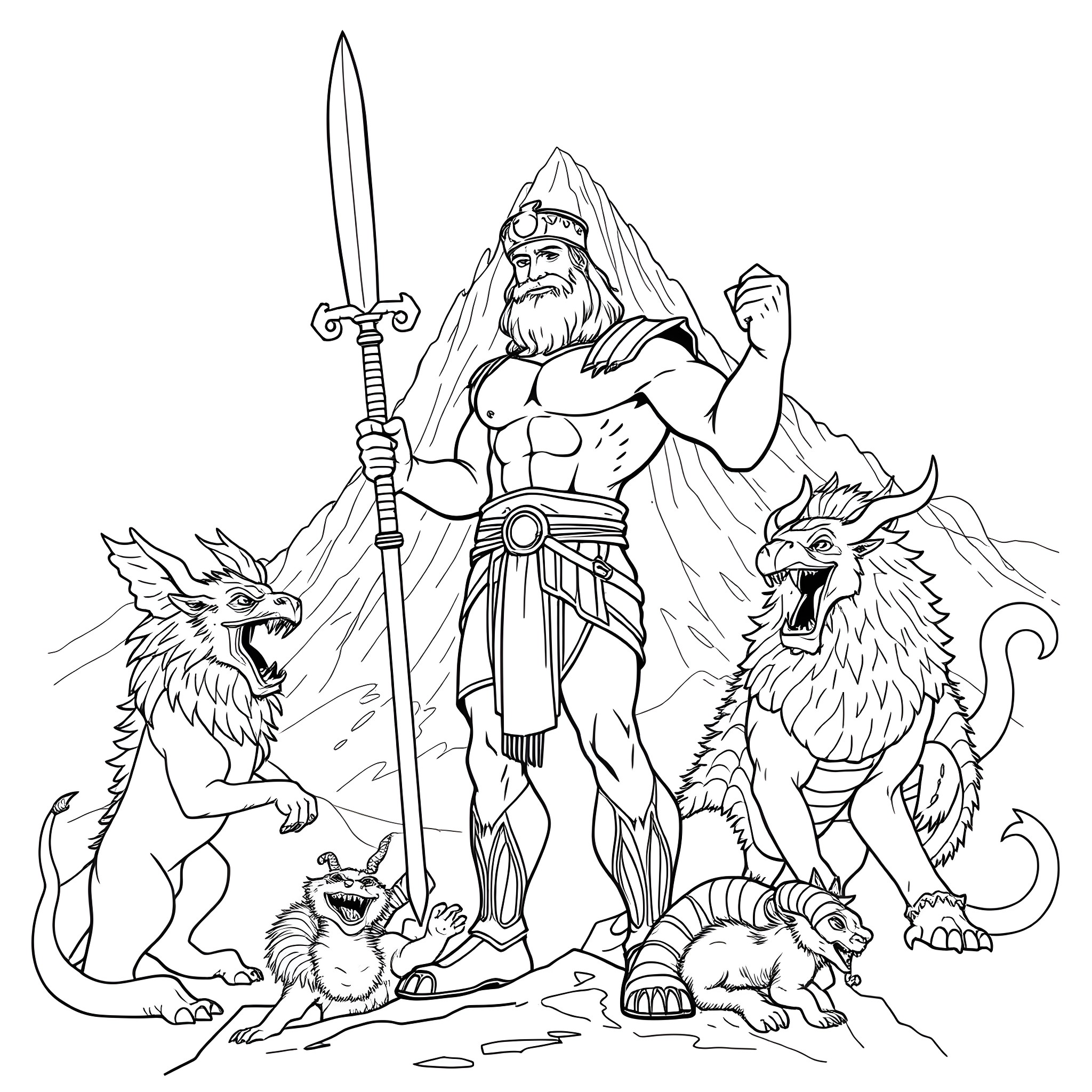 Hercules battling mythical beasts with sword Coloring Page (free black-and-white line drawing printable PDF for all, from beginners to advanced learners, including children, teens, adults, and seniors)