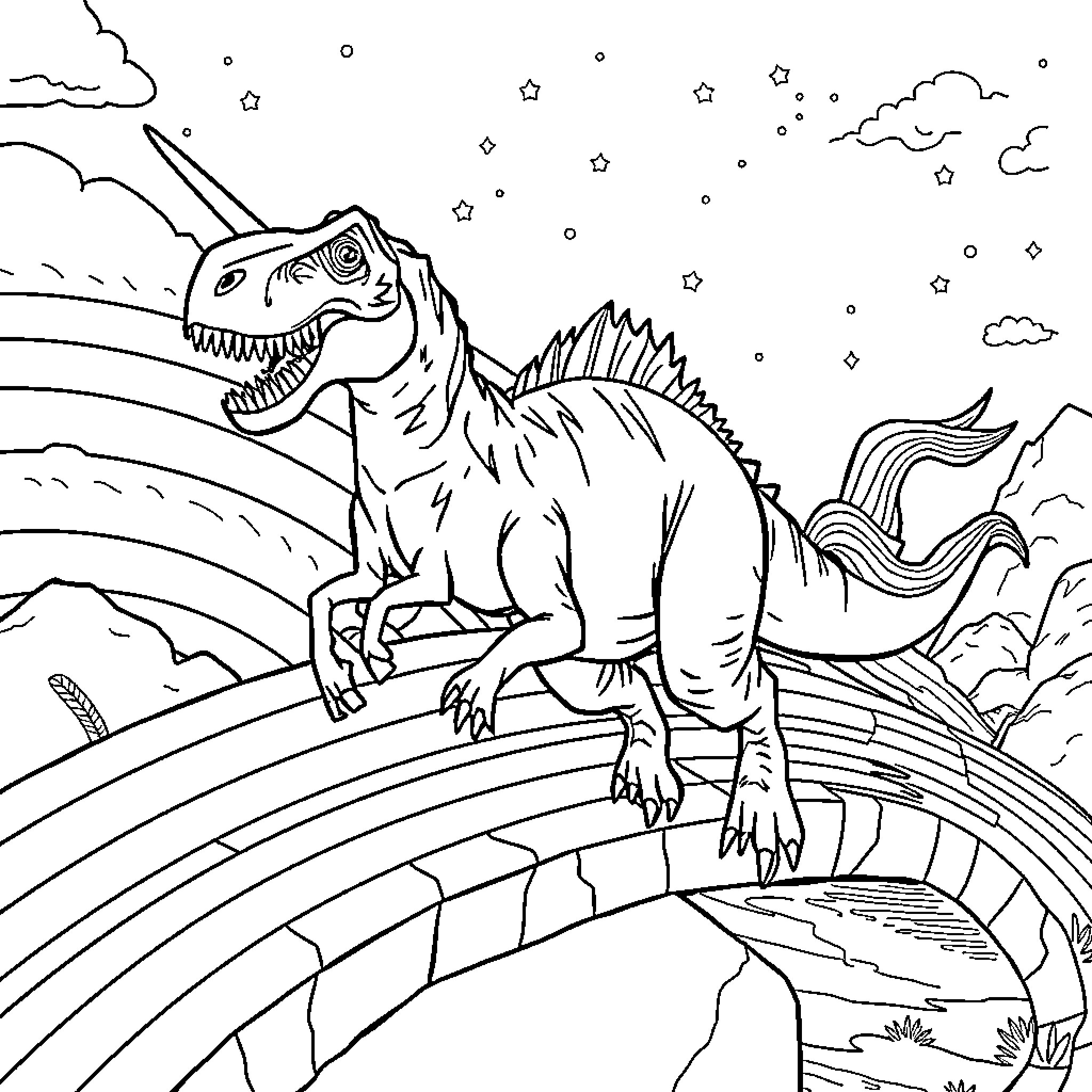 Dinosaur exploring the starry night landscape Coloring Page (free black-and-white line drawing printable PDF for all, from beginners to advanced learners, including children, teens, adults, and seniors)