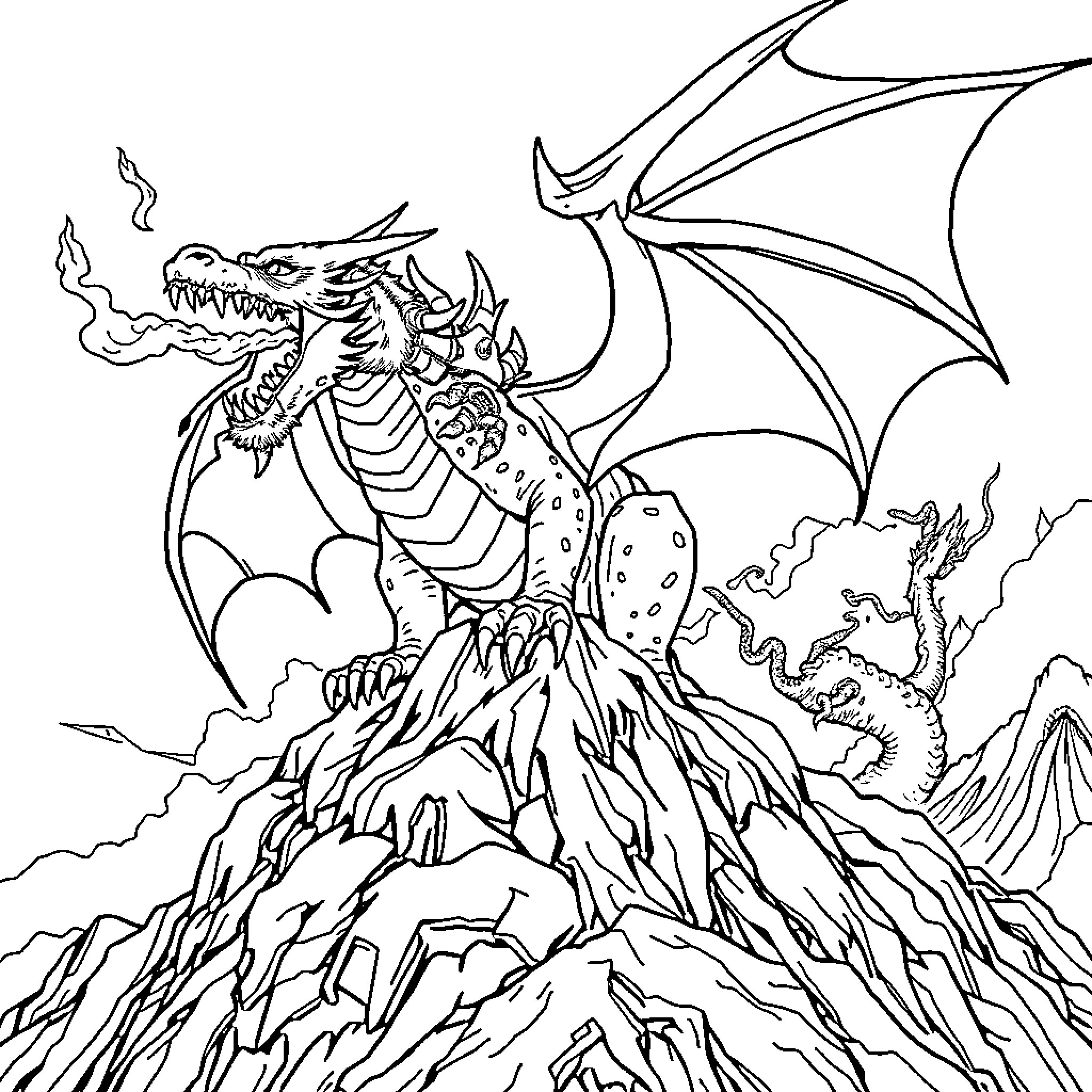 Dragon Unleashing Fiery Breath on Rugged Terrain Coloring Page (free black-and-white line drawing printable PDF for all, from beginners to advanced learners, including children, teens, adults, and seniors)