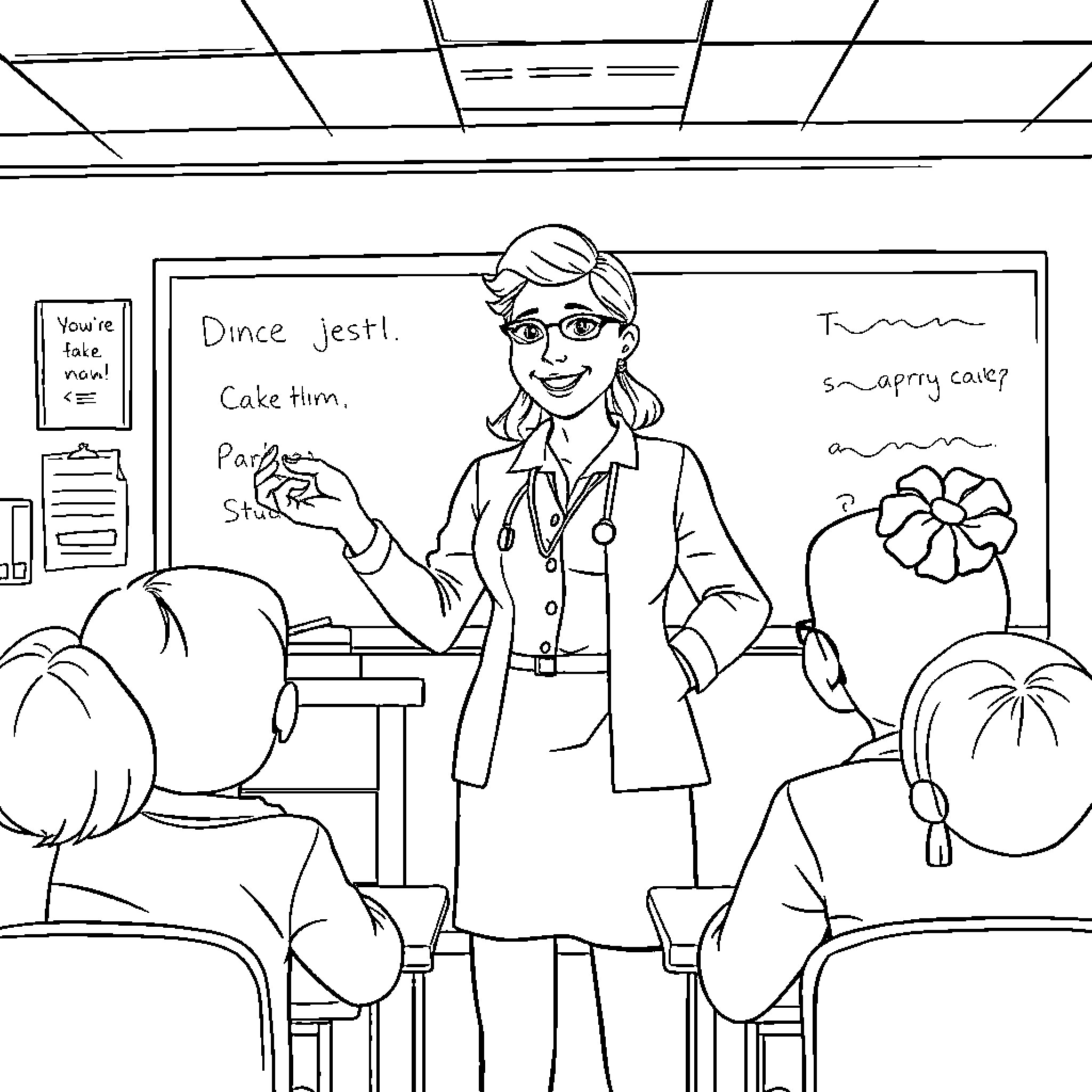 Teacher interacting with students in the classroom Coloring Page (free black-and-white line drawing printable PDF for all, from beginners to advanced learners, including children, teens, adults, and seniors)