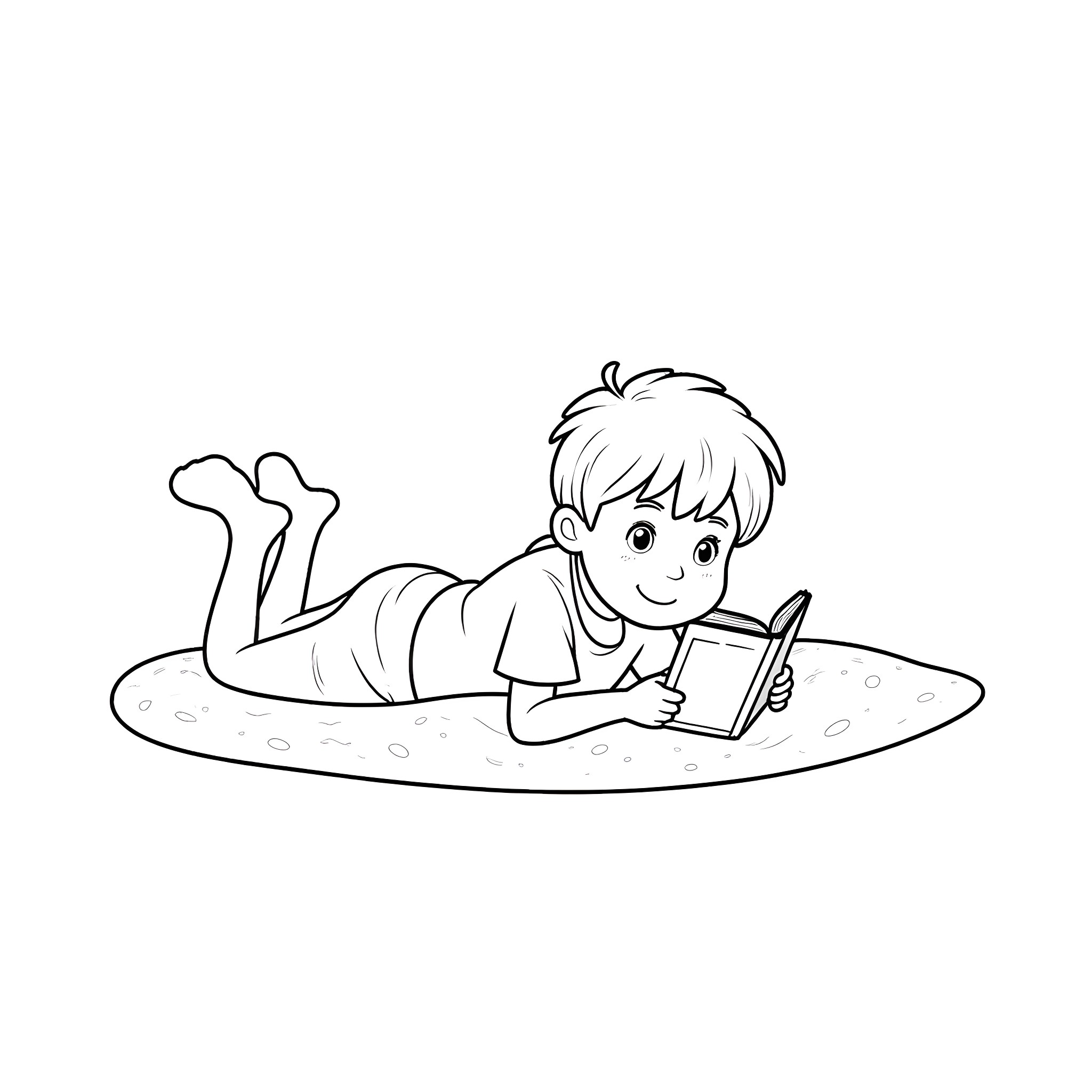 Boy reading a book while lying on the ground Coloring Page (free black-and-white line drawing printable PDF for all, from beginners to advanced learners, including children, teens, adults, and seniors)
