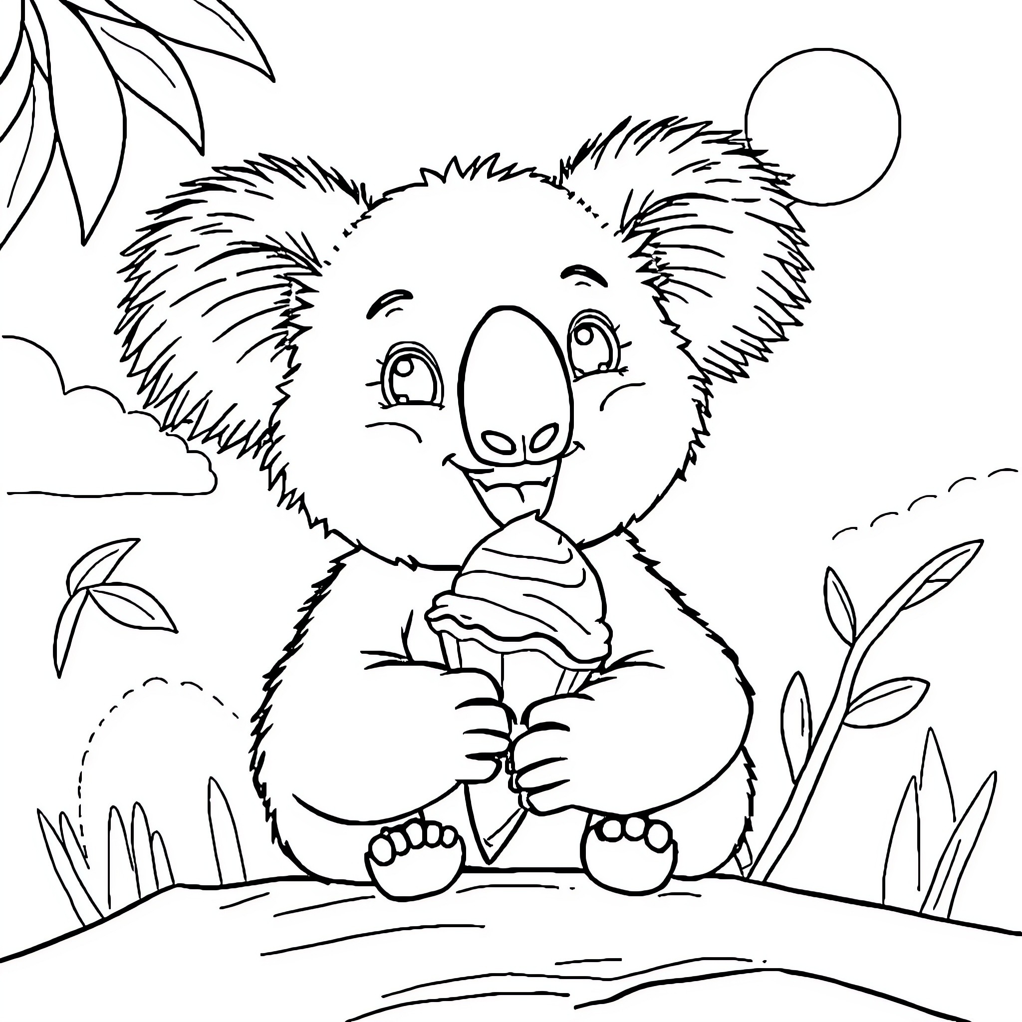 Koala resting peacefully in the wilderness Coloring Page (free black-and-white line drawing printable PDF for all, from beginners to advanced learners, including children, teens, adults, and seniors)