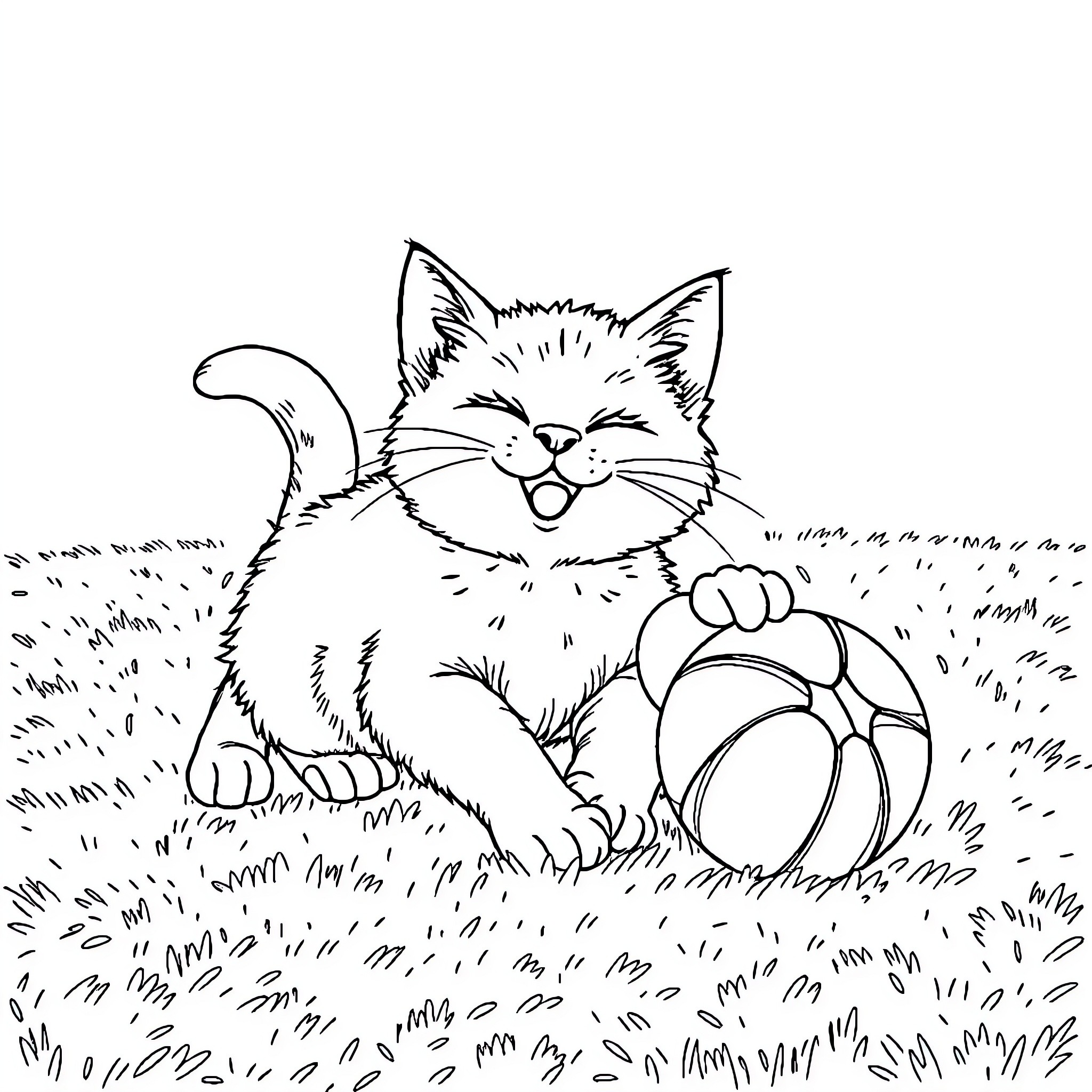 Cat playing with ball in meadow Coloring Page (free black-and-white line drawing printable PDF for all, from beginners to advanced learners, including children, teens, adults, and seniors)