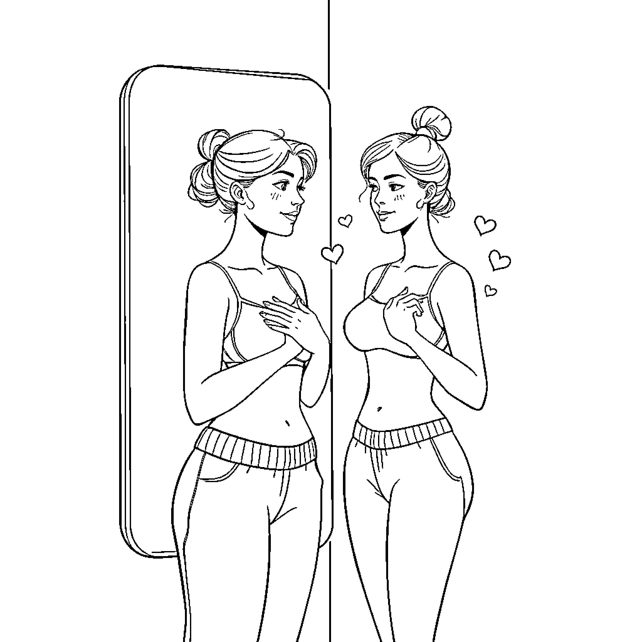 Woman admiring her reflection in the mirror Coloring Page (free black-and-white line drawing printable PDF for all, from beginners to advanced learners, including children, teens, adults, and seniors)