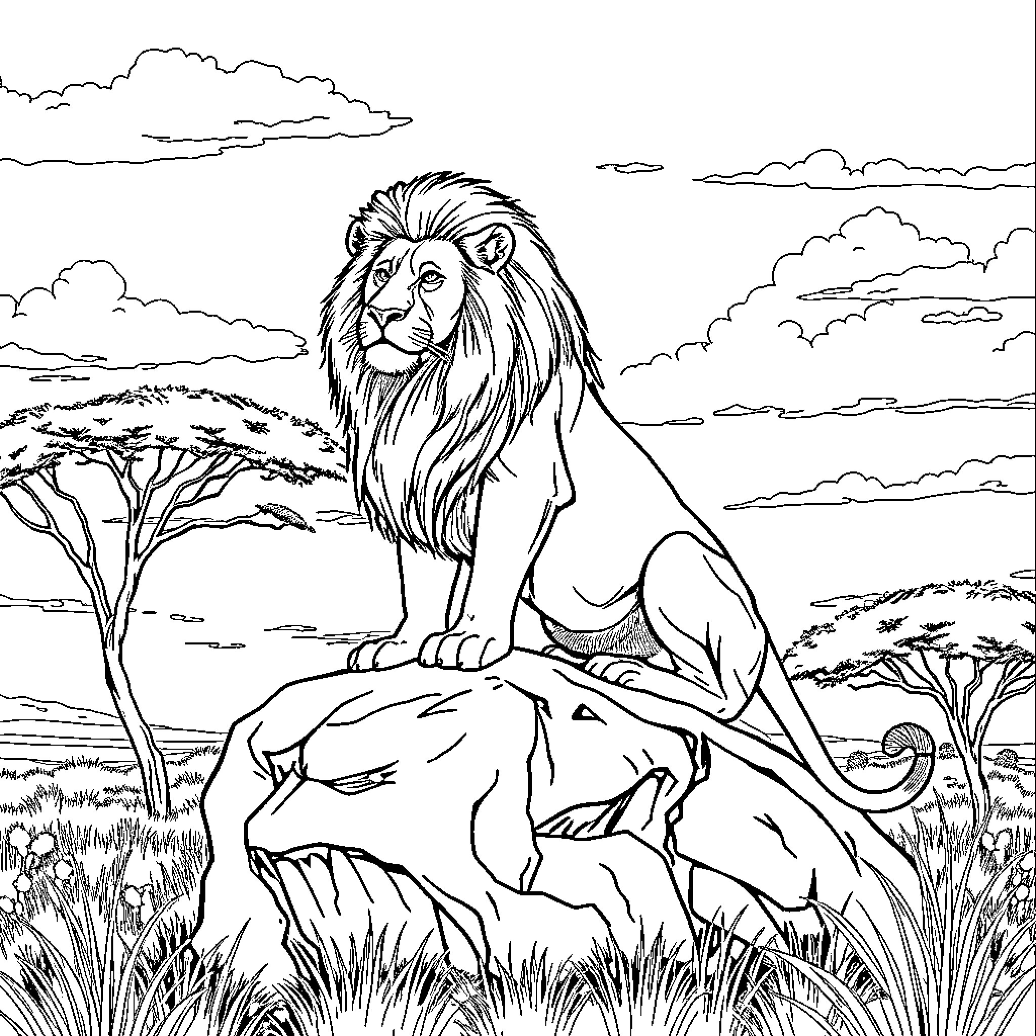 Lion surveying majestic African landscape Coloring Page (free black-and-white line drawing printable PDF for all, from beginners to advanced learners, including children, teens, adults, and seniors)