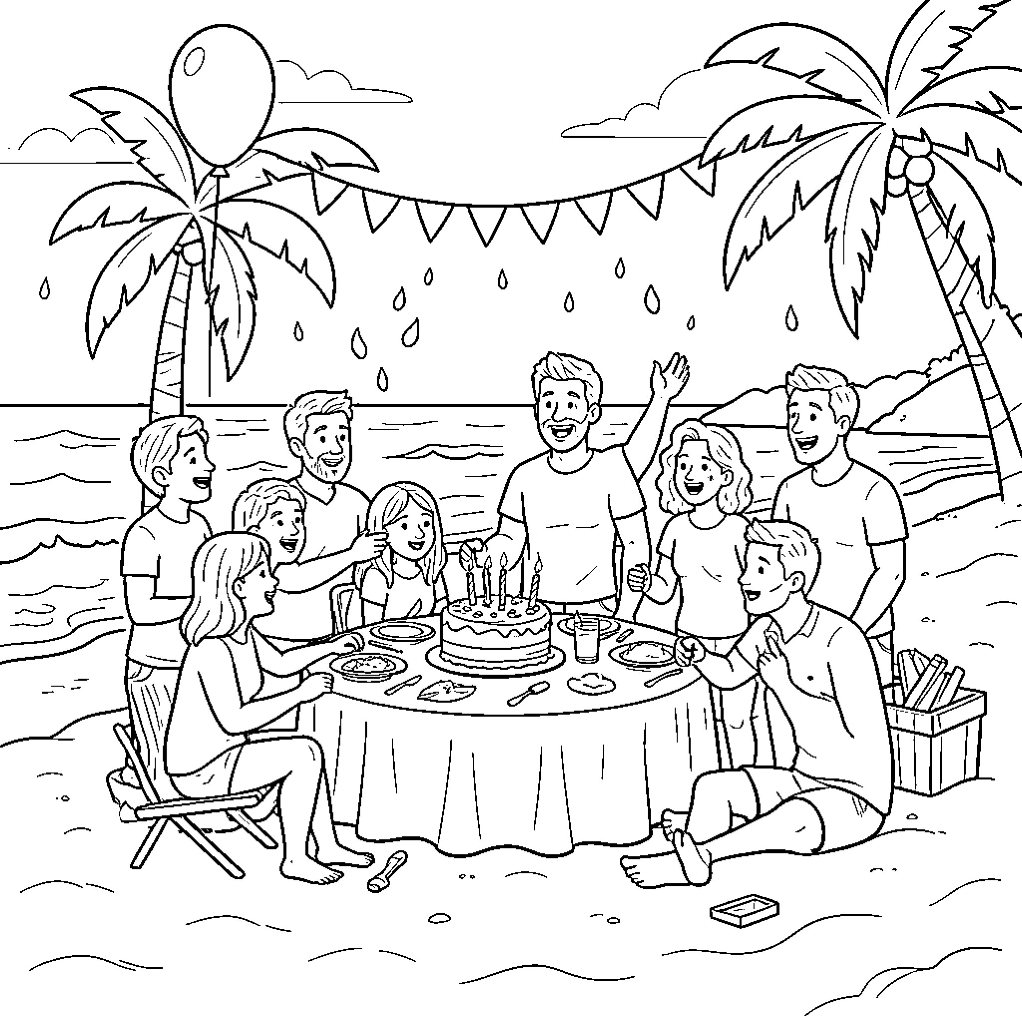 Cumpleaños celebrando con amigos en la playa Coloring Page (free black-and-white line drawing printable PDF for all, from beginners to advanced learners, including children, teens, adults, and seniors)