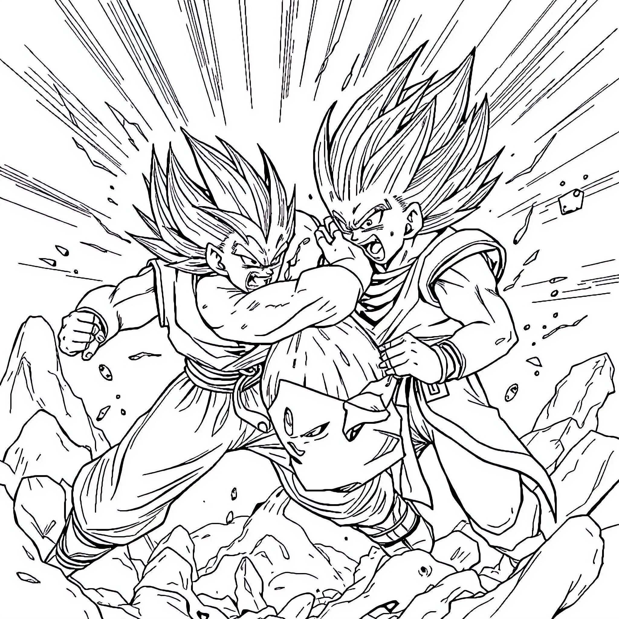 Vegeta in an intense battle stance Coloring Page (free black-and-white line drawing printable PDF for all, from beginners to advanced learners, including children, teens, adults, and seniors)