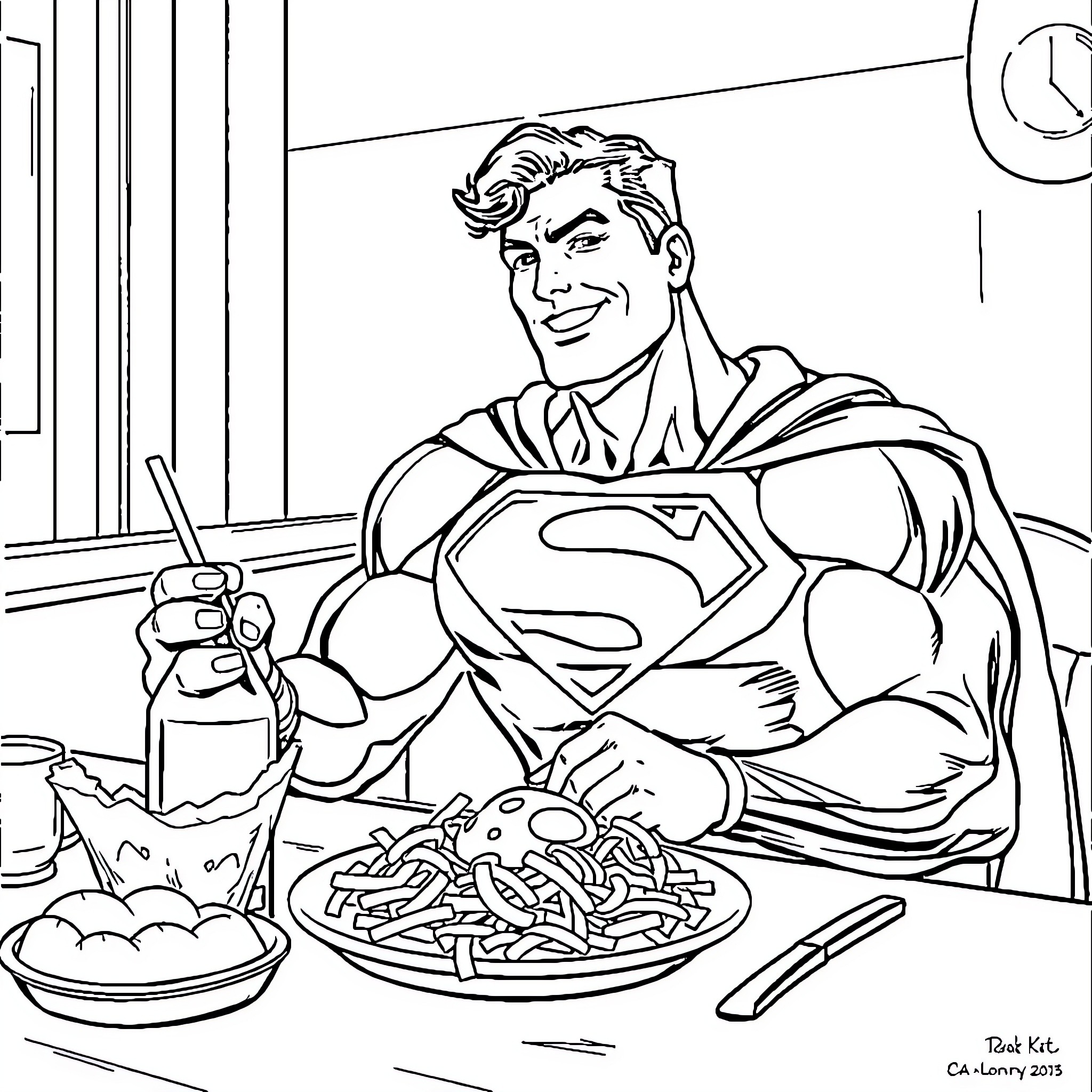 Superman enjoying a tasty meal Coloring Page (free black-and-white line drawing printable PDF for all, from beginners to advanced learners, including children, teens, adults, and seniors)
