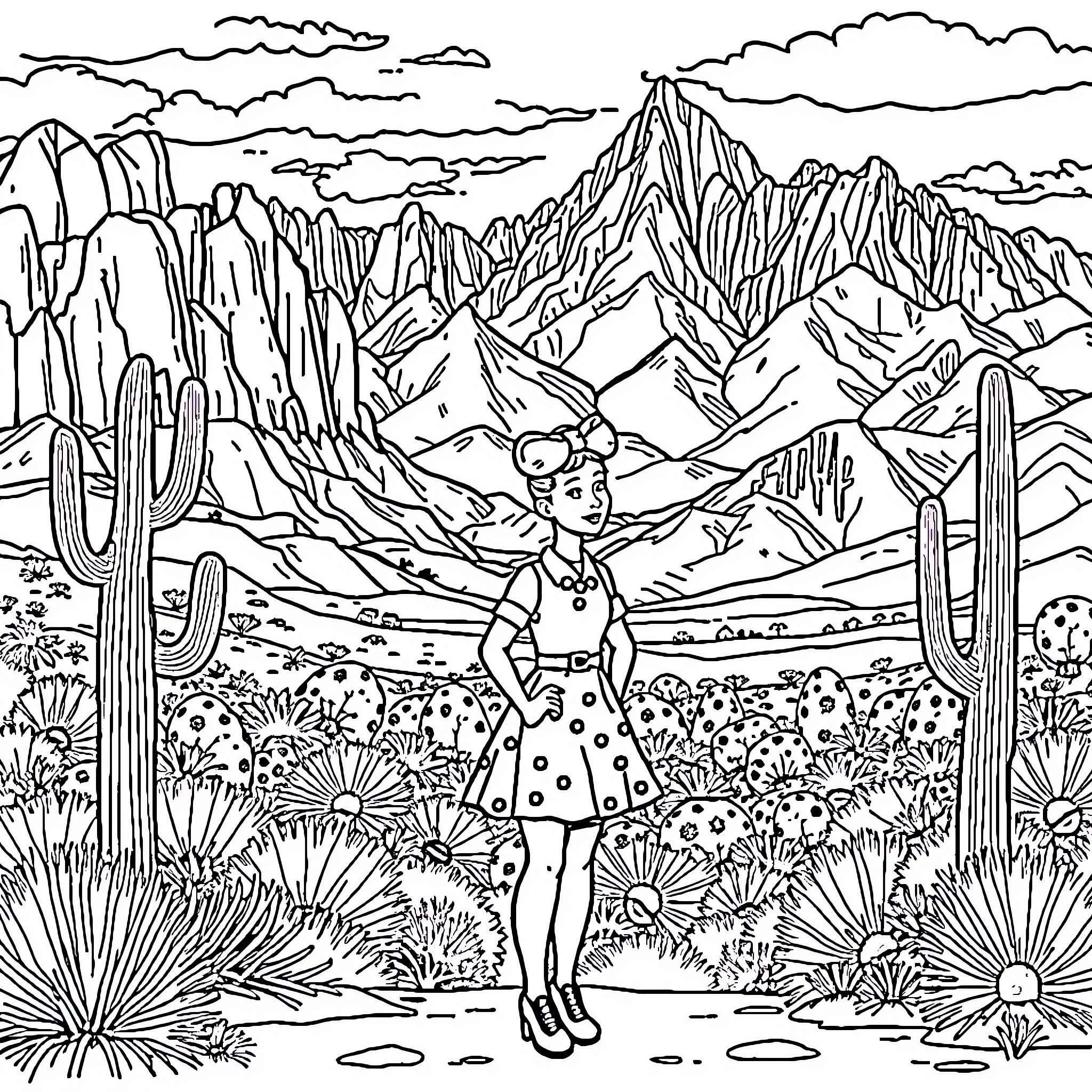 Fancy Nancy exploring the desert landscape Coloring Page (free black-and-white line drawing printable PDF for all, from beginners to advanced learners, including children, teens, adults, and seniors)