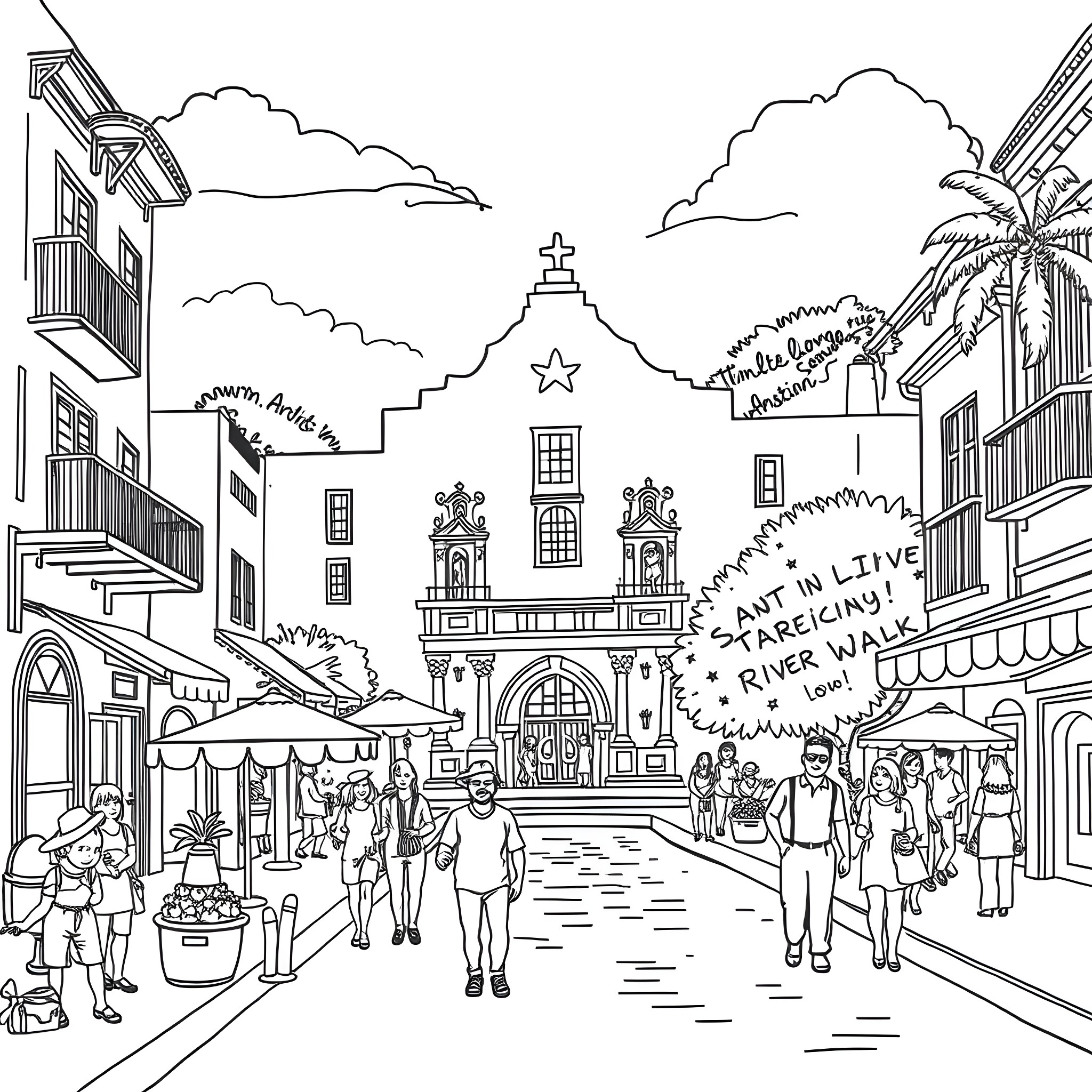 Bluey's Vibrant Street Scene Coloring Page (free black-and-white line drawing printable PDF for all, from beginners to advanced learners, including children, teens, adults, and seniors)