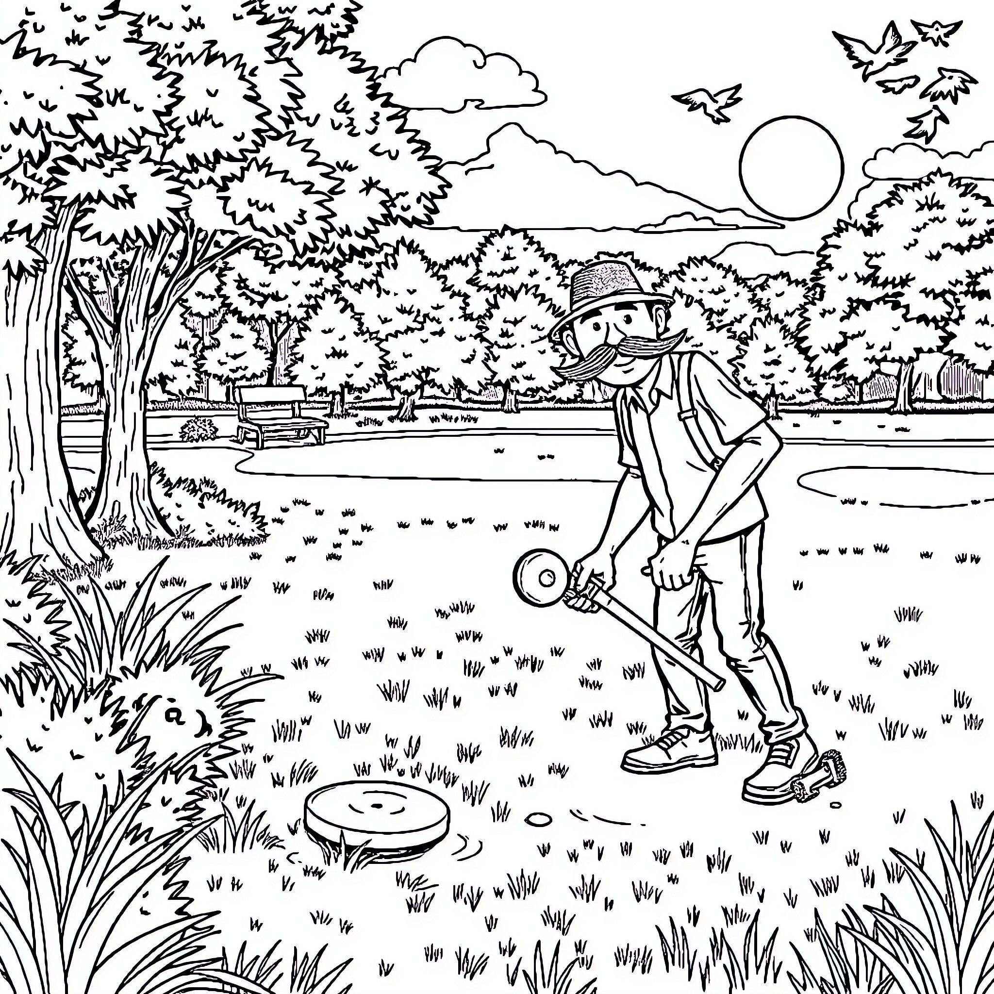 Man enjoying outdoor activities in natural surroundings Coloring Page (free black-and-white line drawing printable PDF for all, from beginners to advanced learners, including children, teens, adults, and seniors)