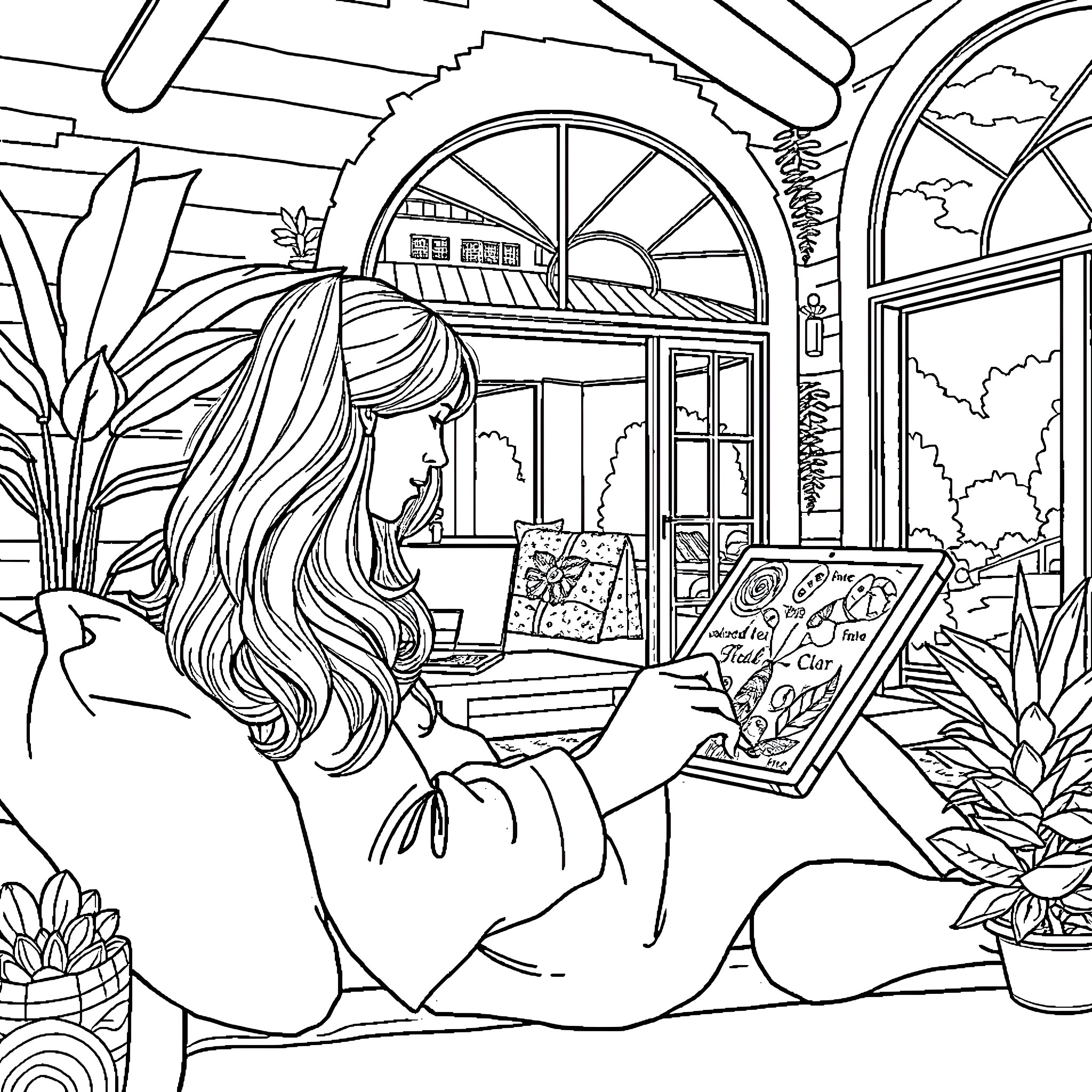 Maddie's Artistic Wonderland Coloring Page (free black-and-white line drawing printable PDF for all, from beginners to advanced learners, including children, teens, adults, and seniors)