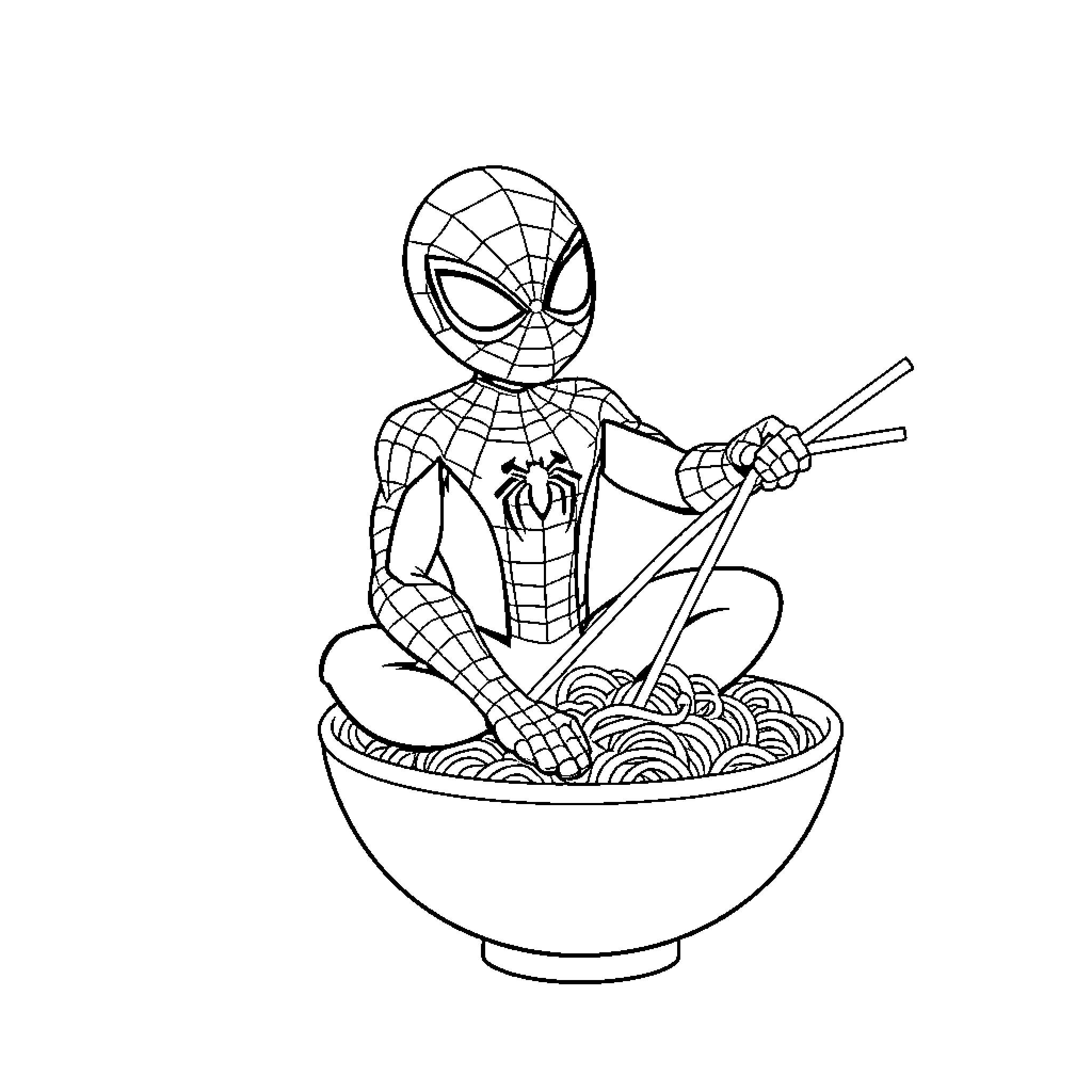 Spiderman Enjoying a Bowl of Noodles Coloring Page (free black-and-white line drawing printable PDF for all, from beginners to advanced learners, including children, teens, adults, and seniors)