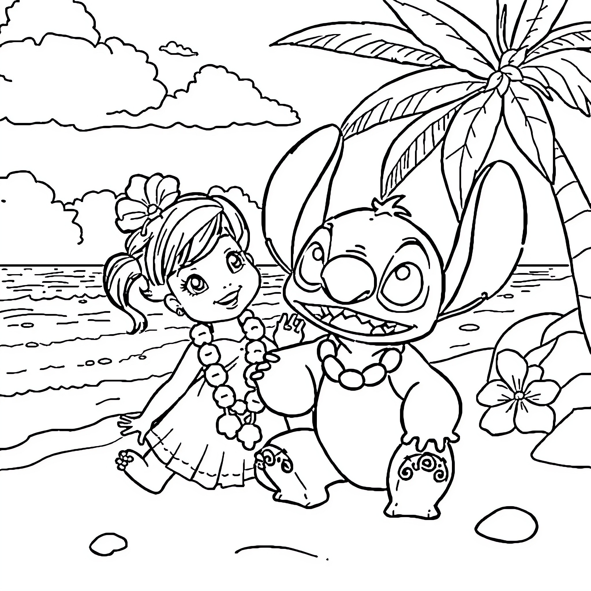 Lilo and Stitch enjoying a tropical beach scene Coloring Page (free black-and-white line drawing printable PDF for all, from beginners to advanced learners, including children, teens, adults, and seniors)