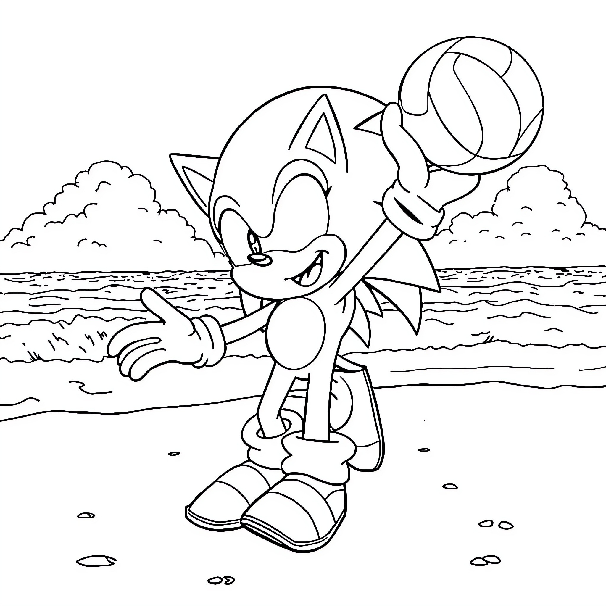 Sonic playing with a ball on the beach Coloring Page (free black-and-white line drawing printable PDF for all, from beginners to advanced learners, including children, teens, adults, and seniors)