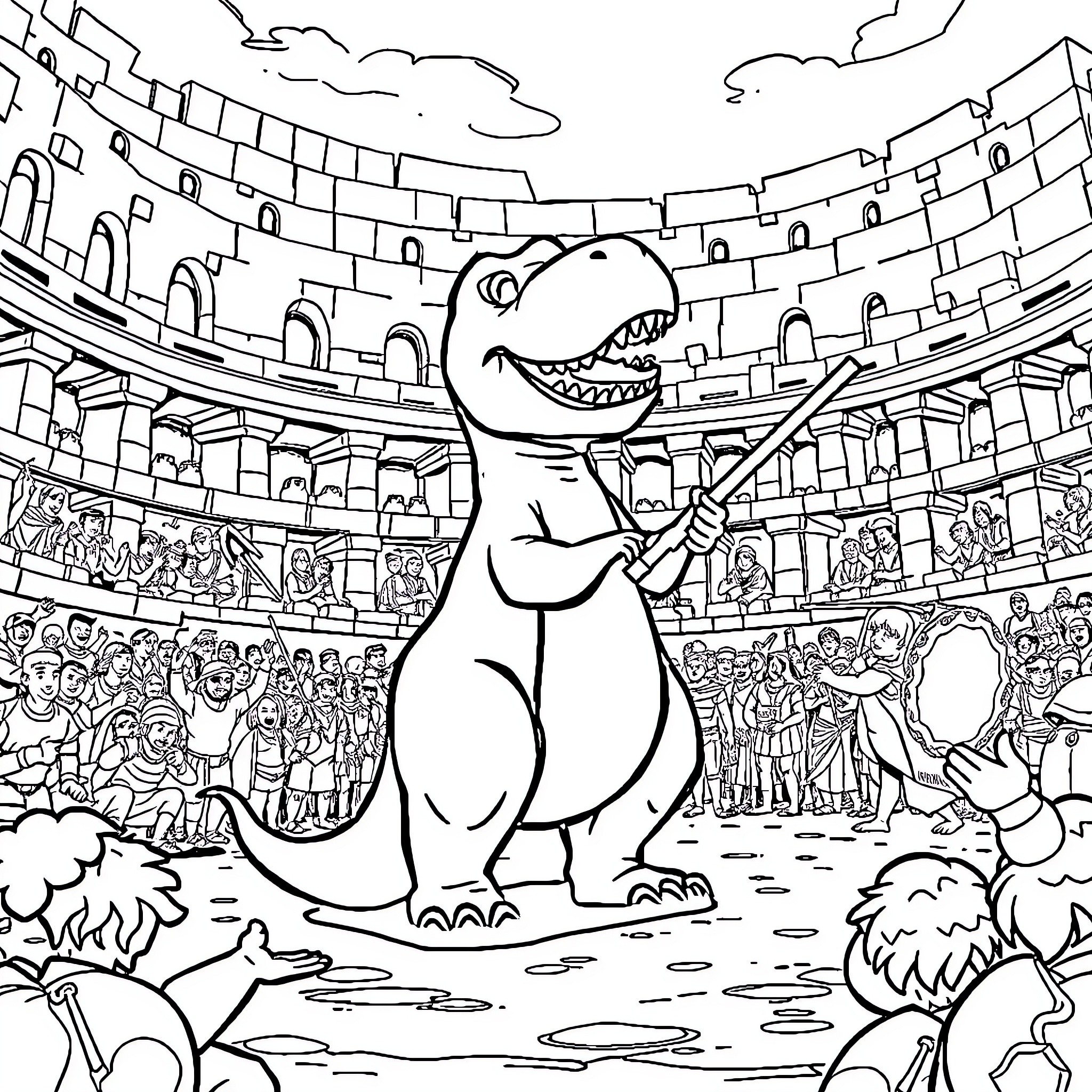 Barney's Exciting Adventure in the Colosseum Coloring Page (free black-and-white line drawing printable PDF for all, from beginners to advanced learners, including children, teens, adults, and seniors)