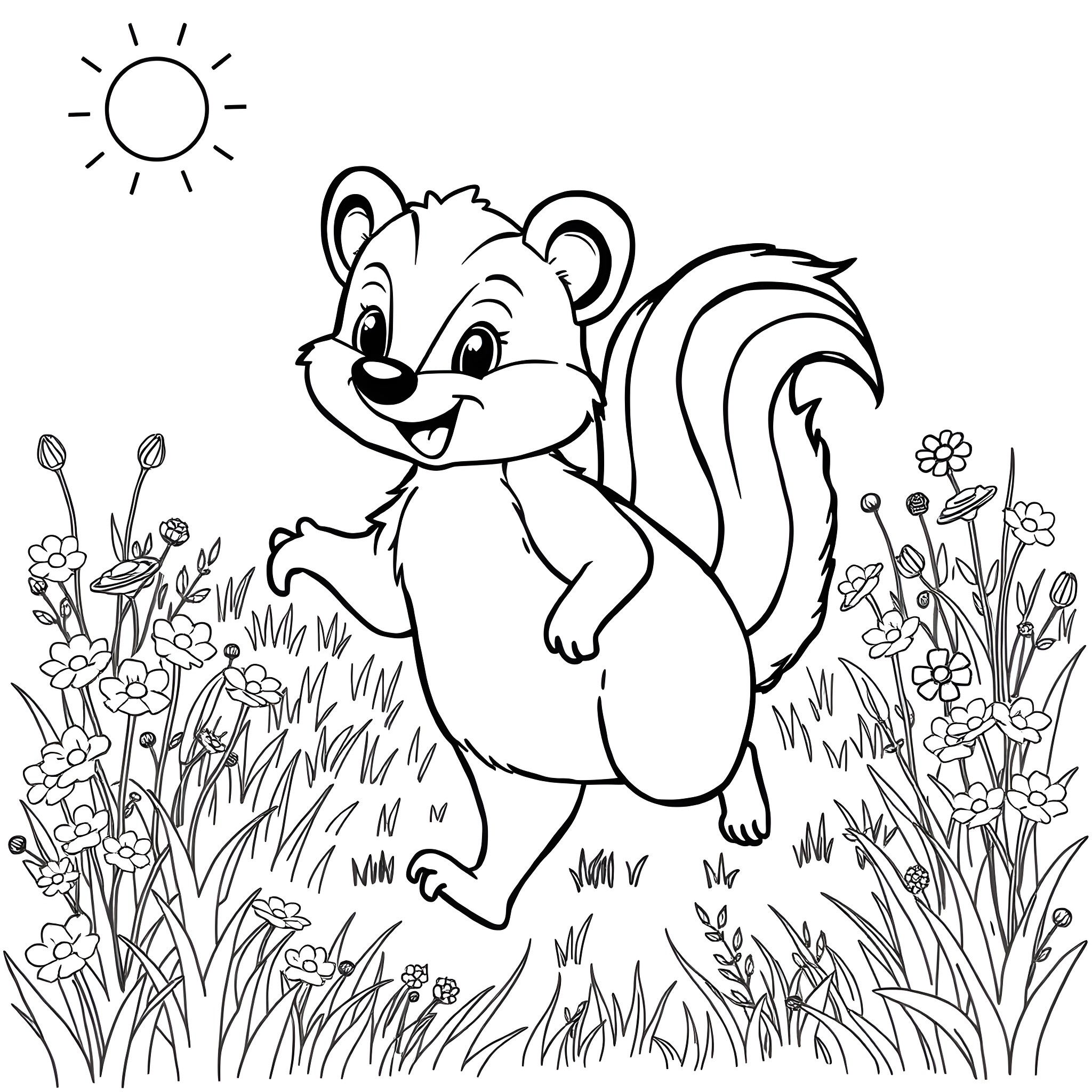 Skunk scurrying happily through a floral meadow Coloring Page (free black-and-white line drawing printable PDF for all, from beginners to advanced learners, including children, teens, adults, and seniors)