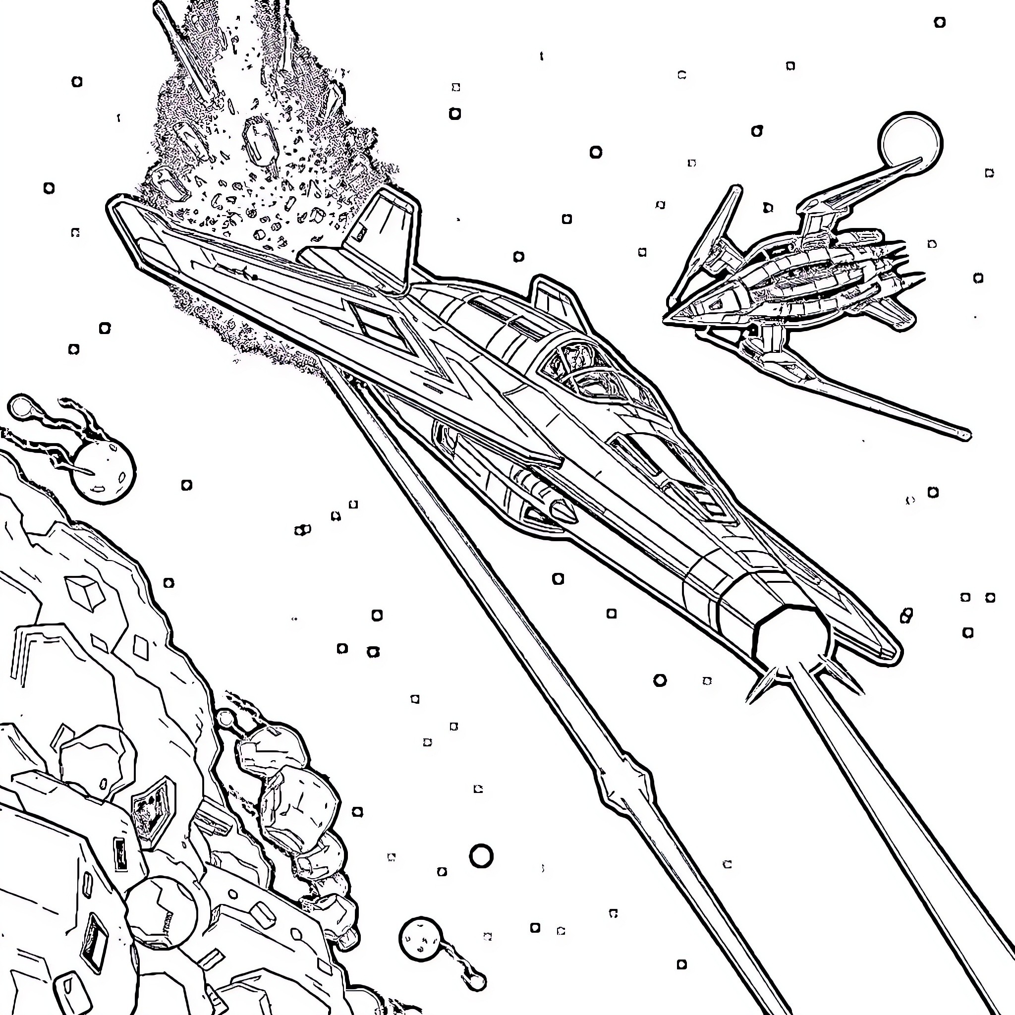 Viper spacecraft soaring through cosmic debris Coloring Page (free black-and-white line drawing printable PDF for all, from beginners to advanced learners, including children, teens, adults, and seniors)