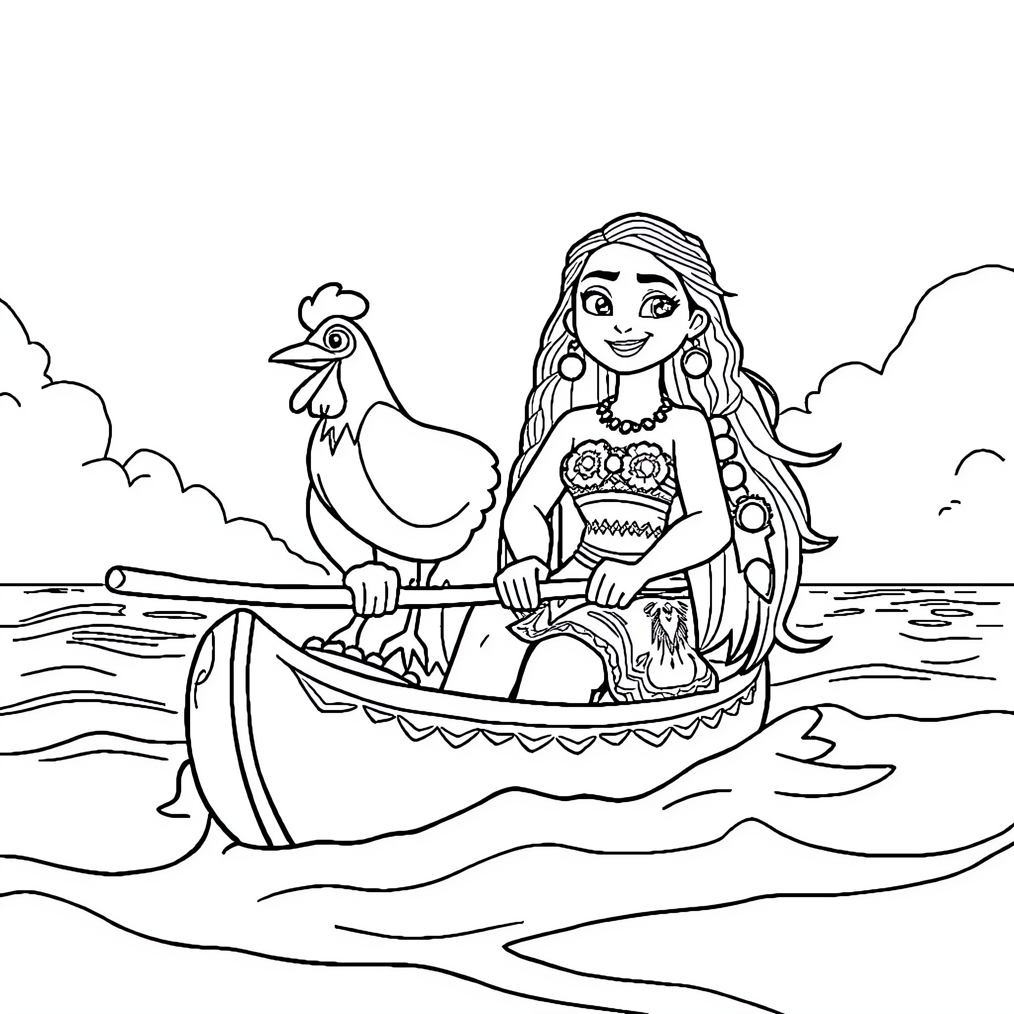 Moana sailing in a boat with a rooster Coloring Page (free black-and-white line drawing printable PDF for all, from beginners to advanced learners, including children, teens, adults, and seniors)
