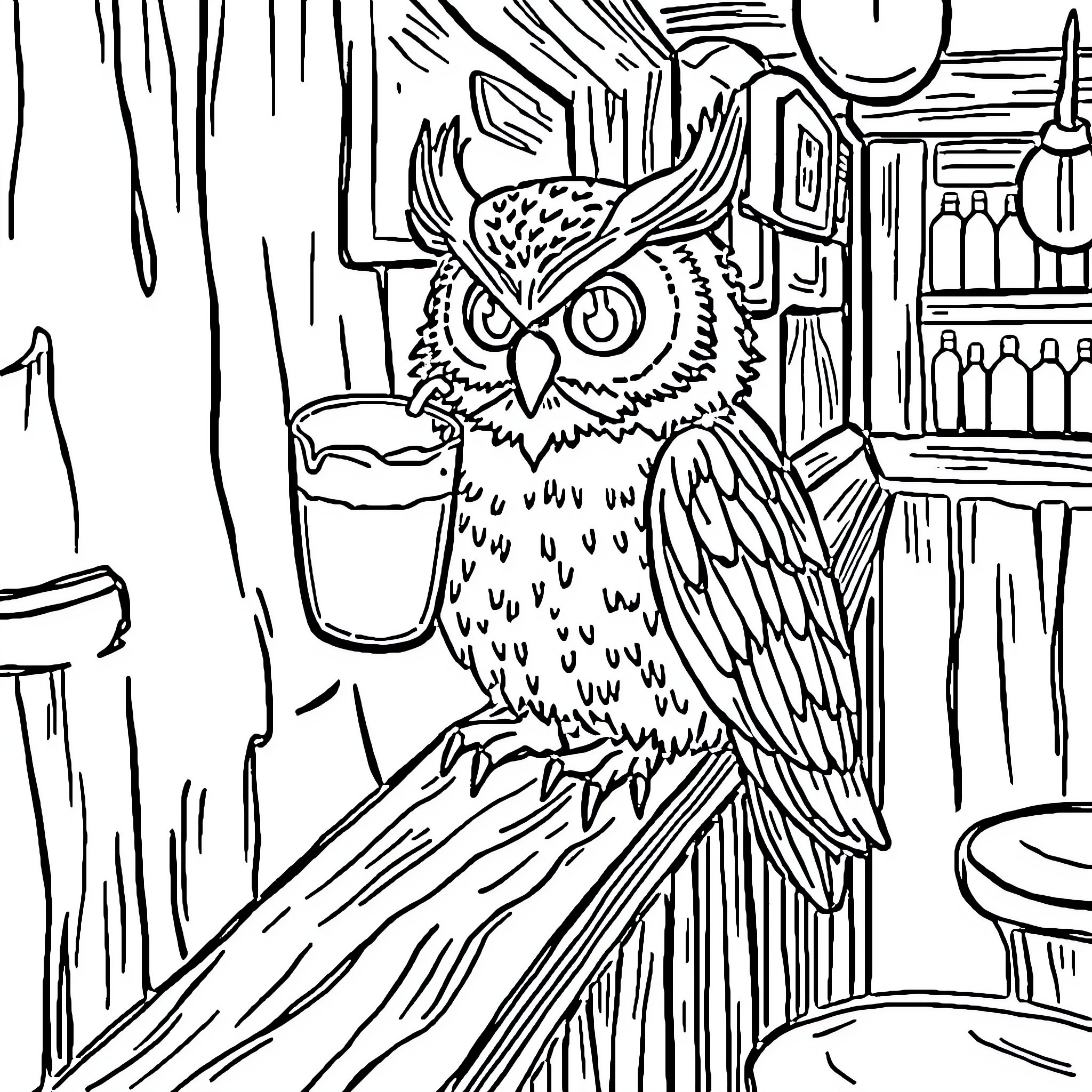 Owl sitting on a wooden bar with drinks Coloring Page (free black-and-white line drawing printable PDF for all, from beginners to advanced learners, including children, teens, adults, and seniors)