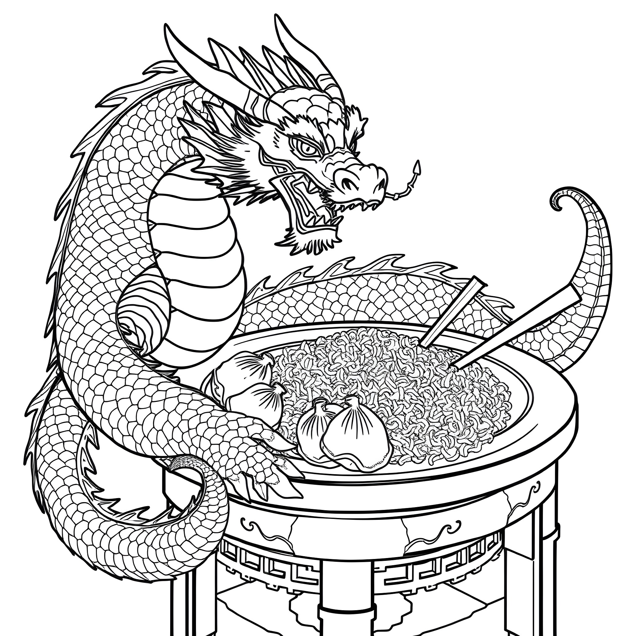 Dragon guarding a pile of treasure Coloring Page (free black-and-white line drawing printable PDF for all, from beginners to advanced learners, including children, teens, adults, and seniors)