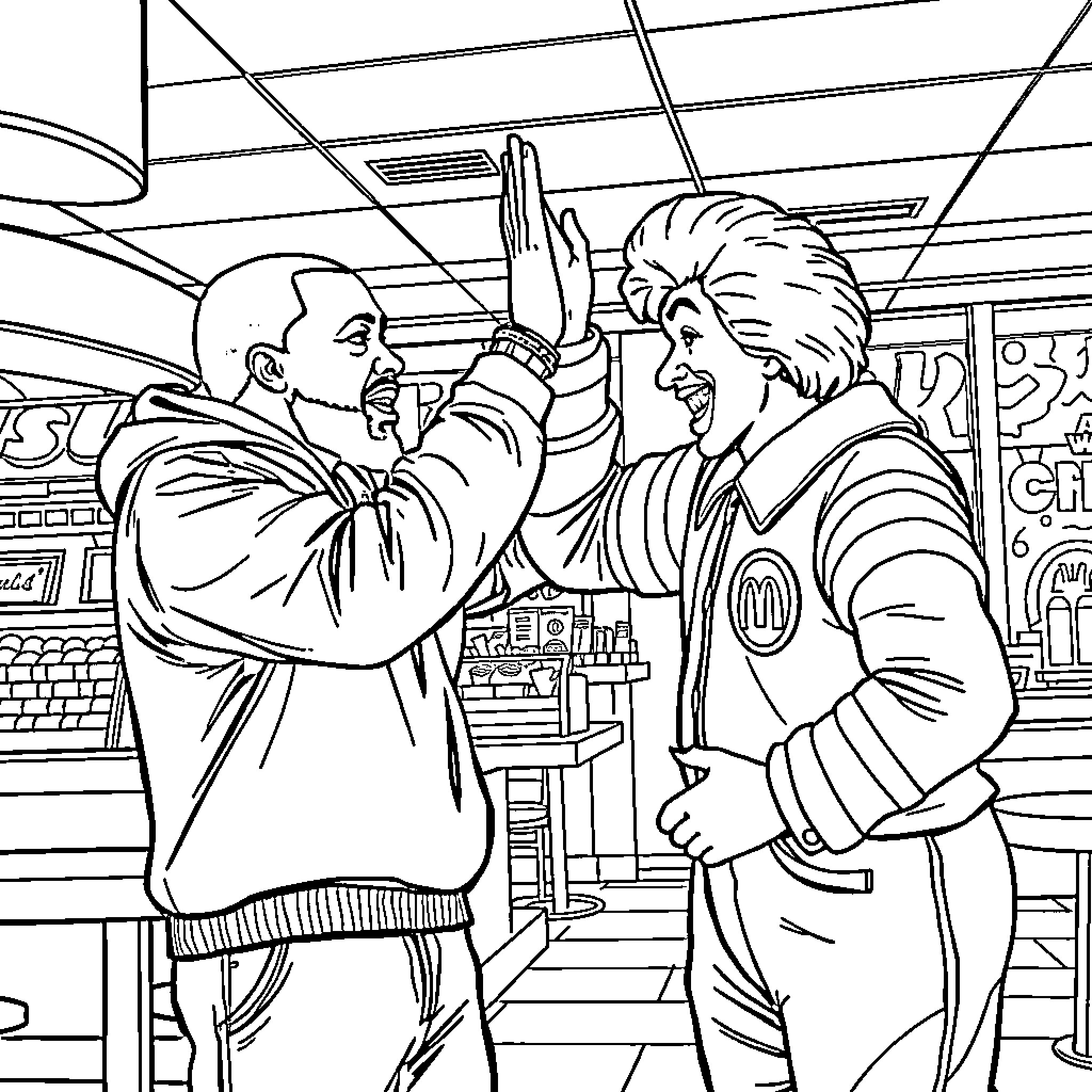 Kanye high-fiving another man in a store Coloring Page (free black-and-white line drawing printable PDF for all, from beginners to advanced learners, including children, teens, adults, and seniors)