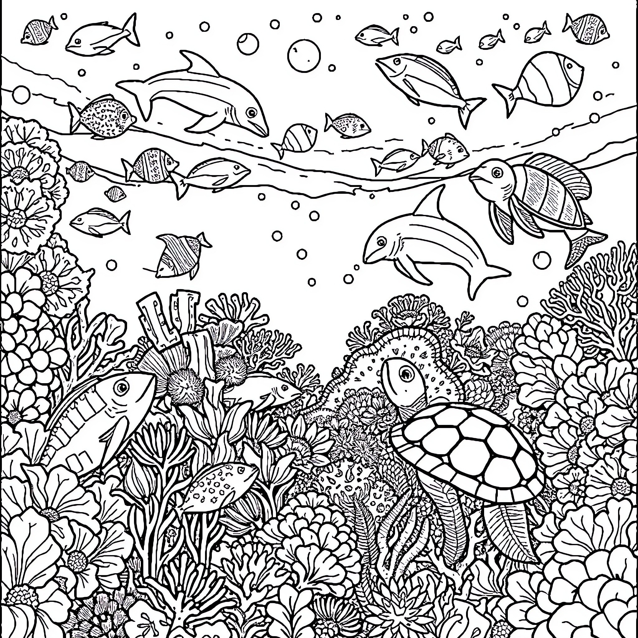 Sea Creature Underwater Scene with Diverse Marine Life Coloring Page (free black-and-white line drawing printable PDF for all, from beginners to advanced learners, including children, teens, adults, and seniors)