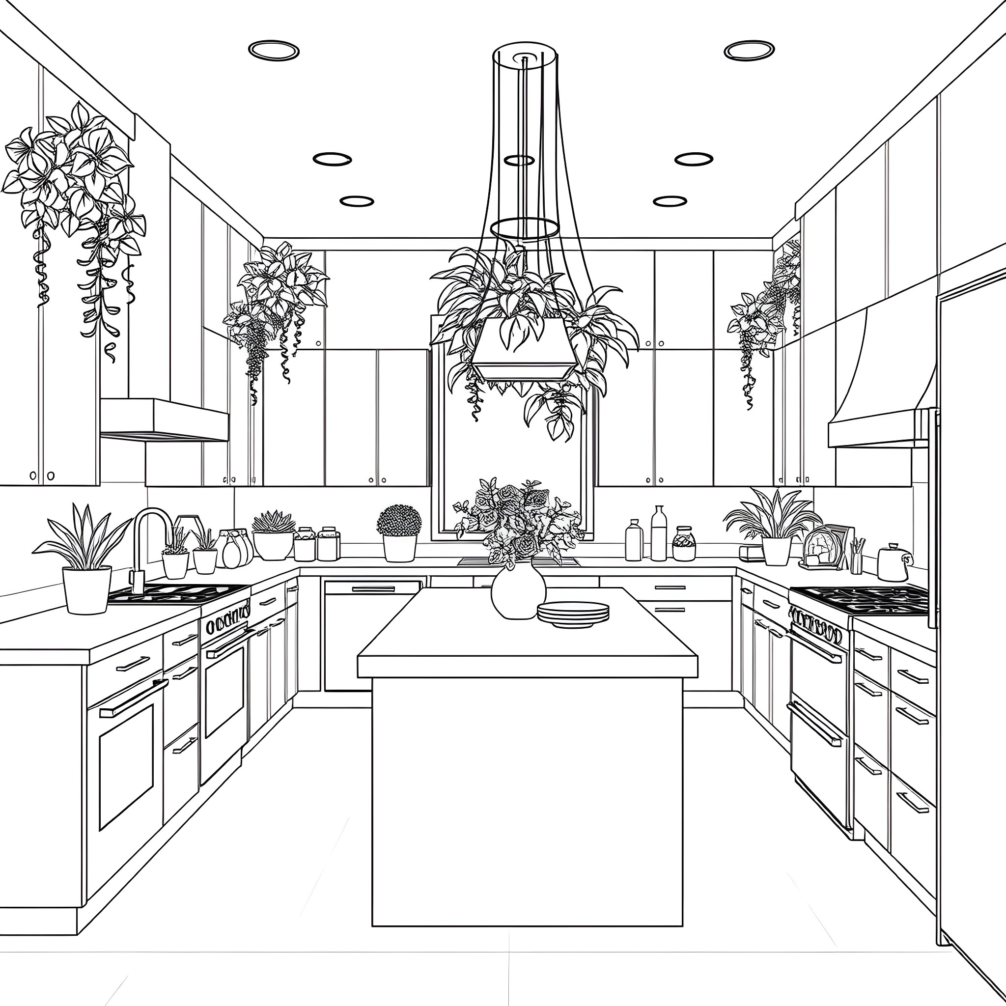 Kitchen with modern appliances and indoor plants Coloring Page (free black-and-white line drawing printable PDF for all, from beginners to advanced learners, including children, teens, adults, and seniors)